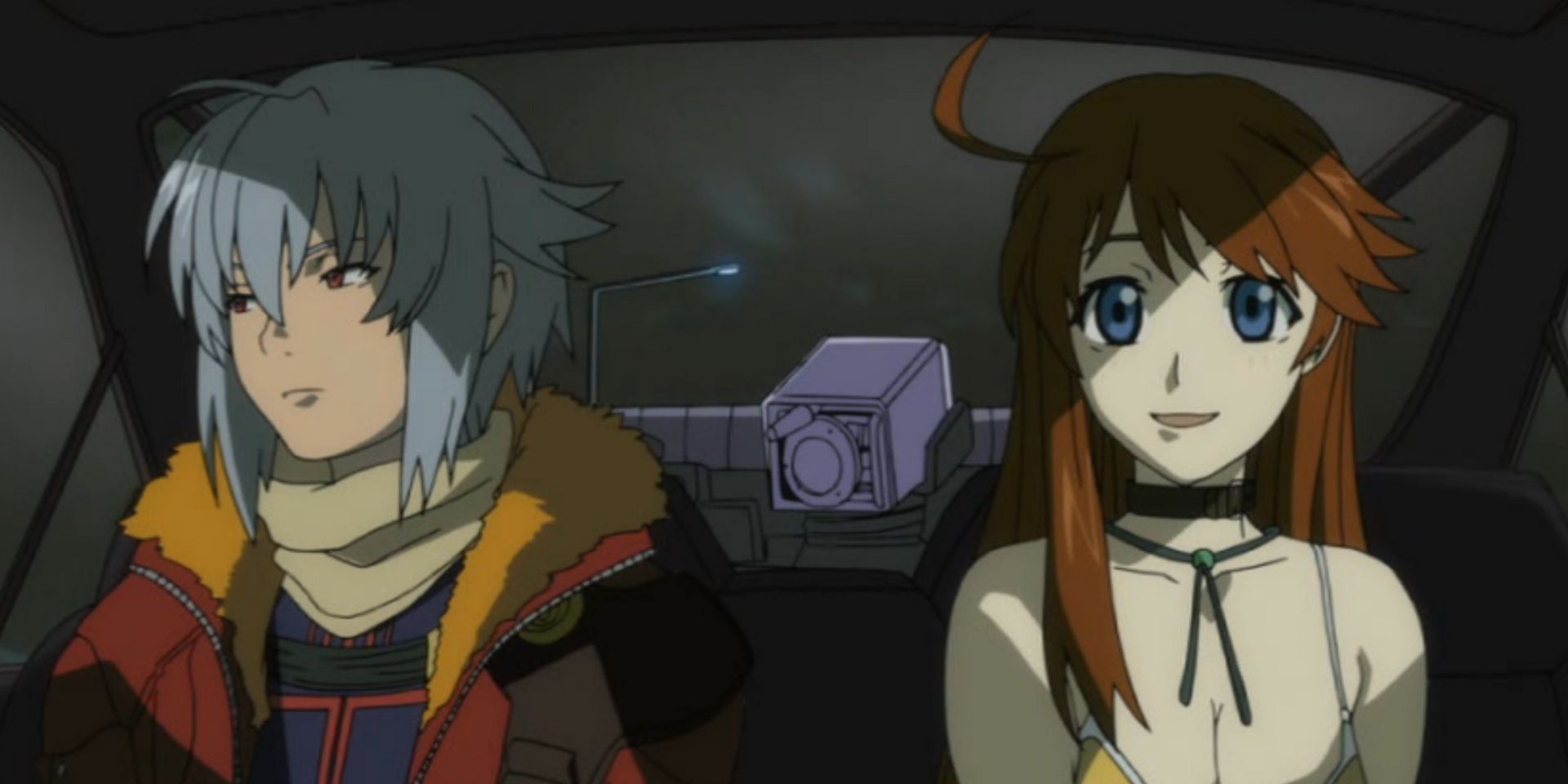 Jo and Meg sit in the backseat of a car together in Burst Angel.