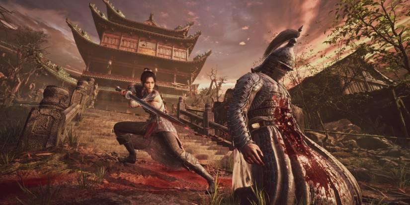 Wuchang transforms an enemy in Wuchang: feathers fallen with a temple in the background.