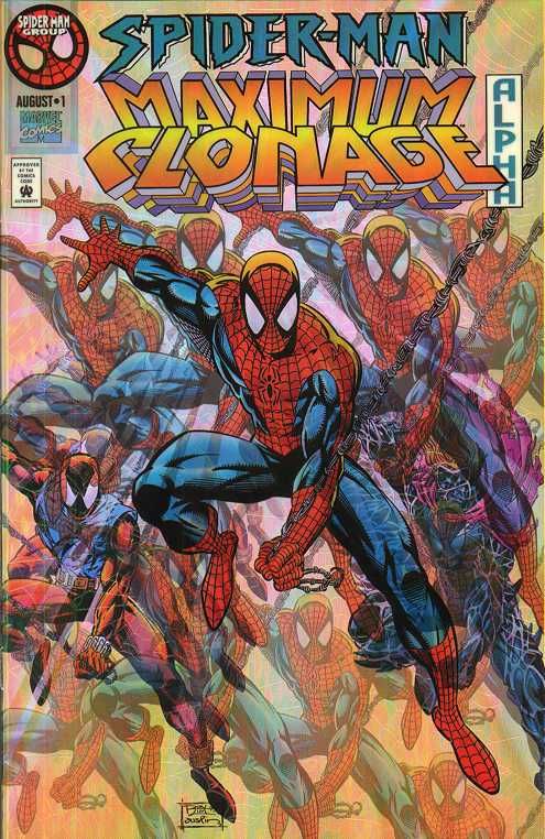 Spider-Man, Ben Reilly, and Kane on the acetate cover of Marvel Comics' Maximum Clonage Alpha