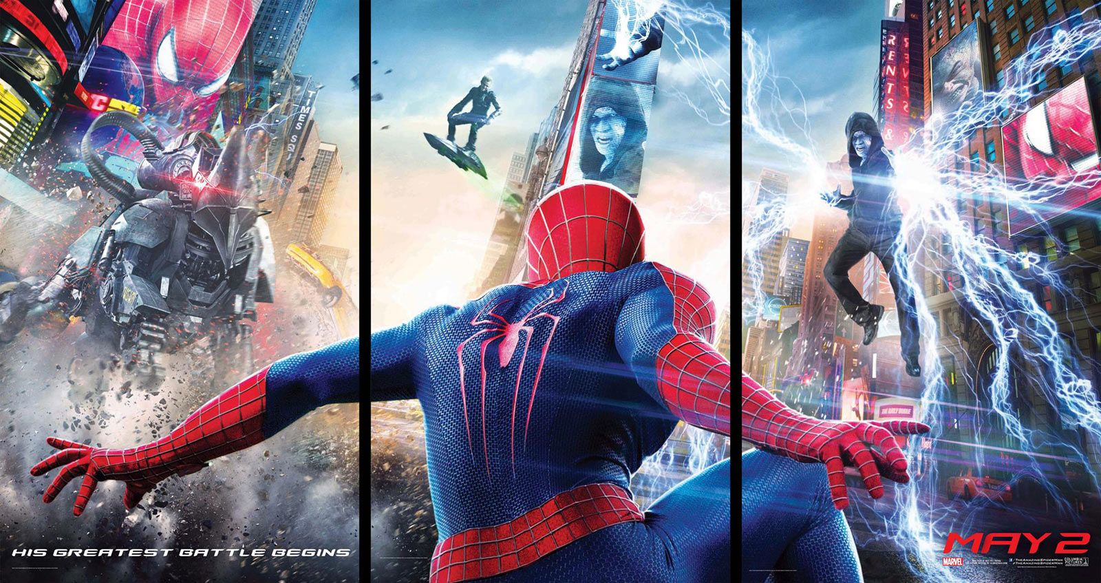 Spider-Man in Times Square fighting villains from The Amazing Spider-Man 2 poster.