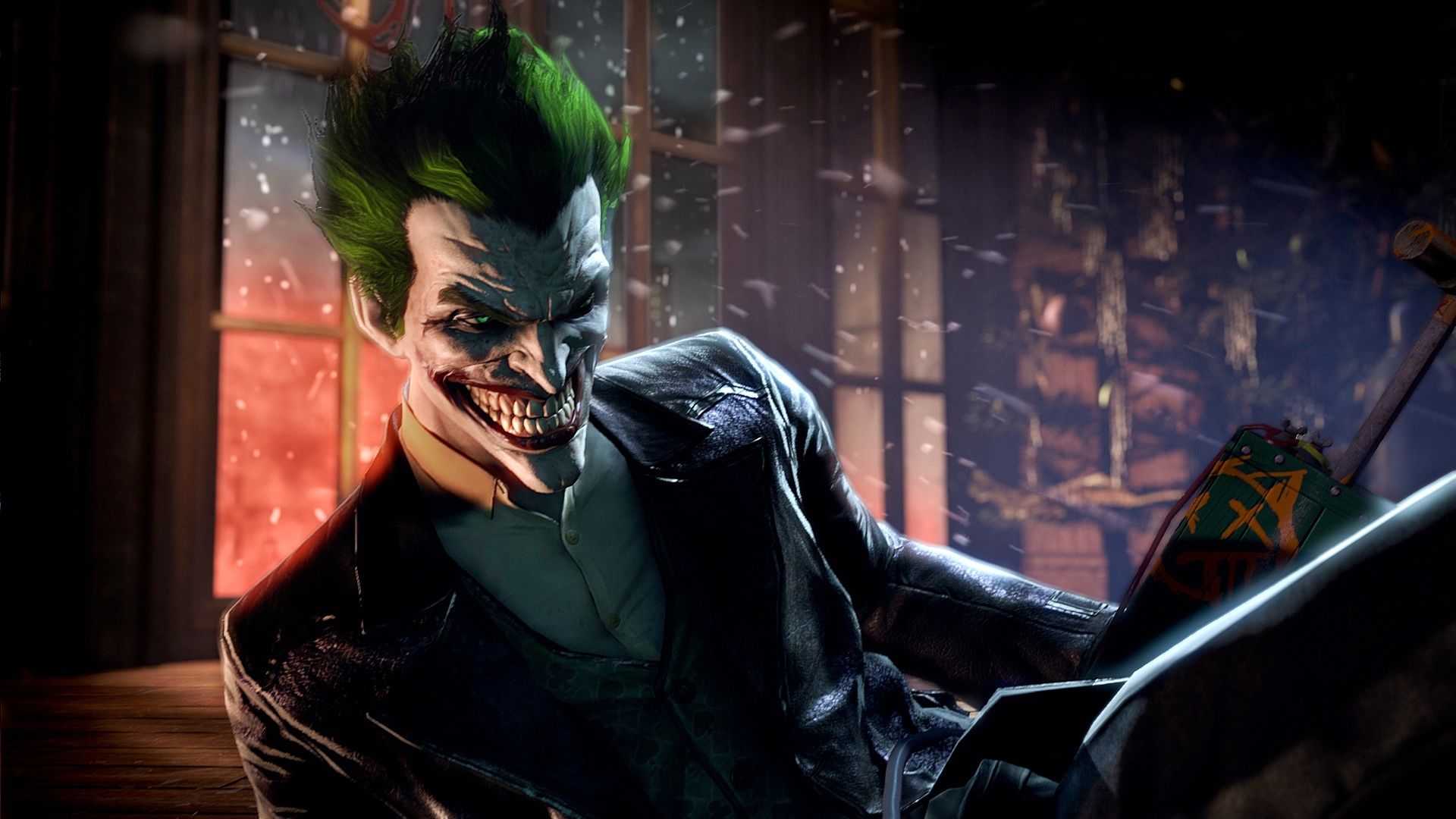 the Joker smiling in a menacing fashion