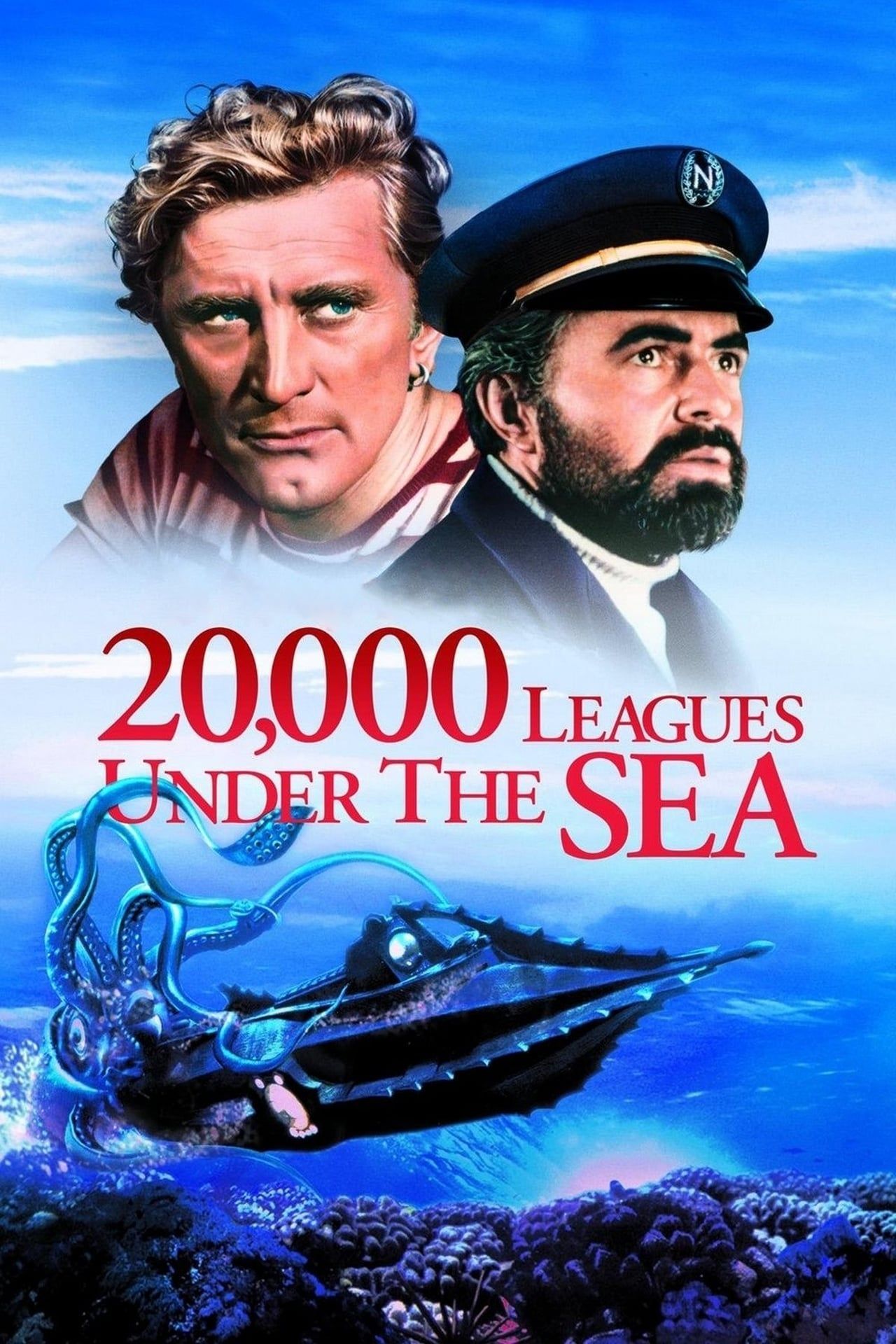 Pôster do filme 20.000 Léguas Submarinas com Kirk Douglas como Ned Land e James Mason como Capitão Nemo pairando sobre um submarino