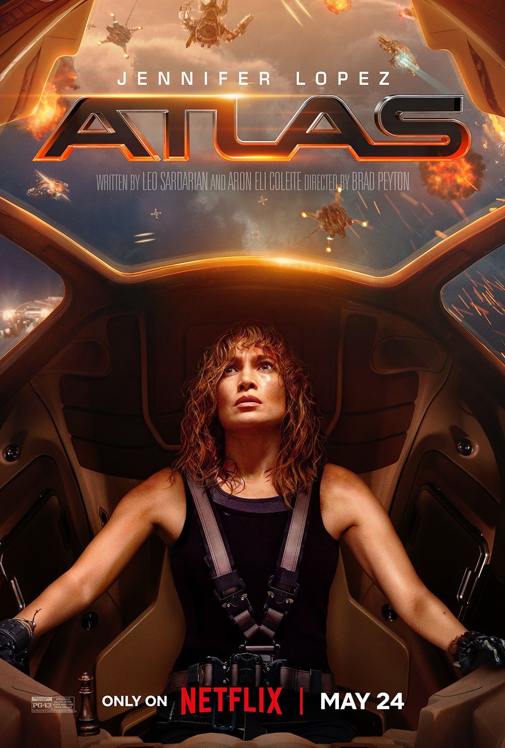 Atlas movie poster showing Jennifer Lopez looking skyward piloting a spaceship