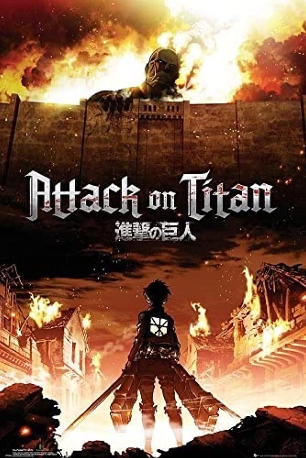 One of the characters from Attack on Titan is holding their weapons as a town burns in front of them and a titan looms over a wall on the anime's poster.