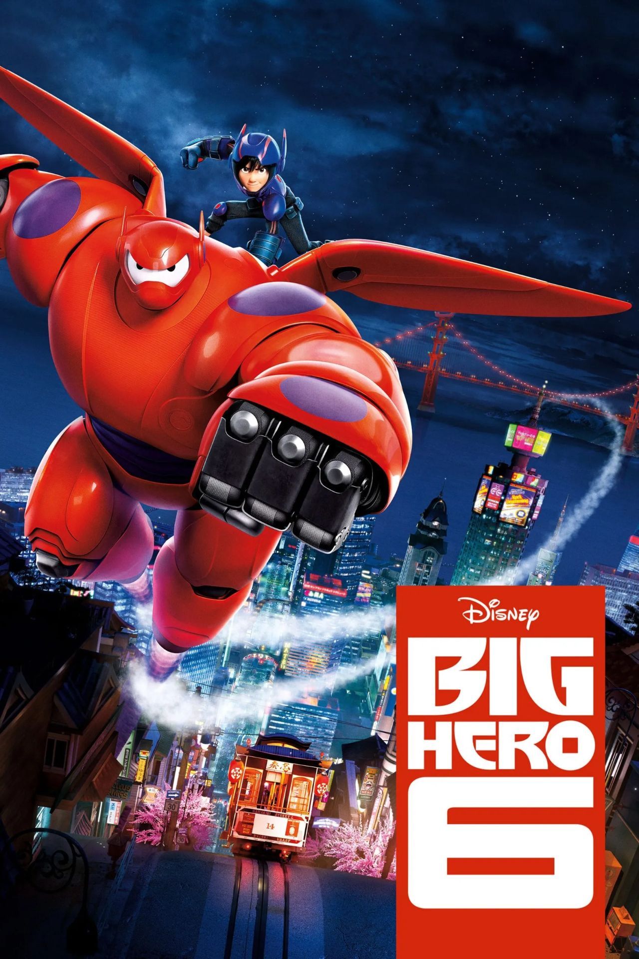 An armored Hiro is riding on top of an armored Baymax as they fly above the city on the poster for Big Hero 6.