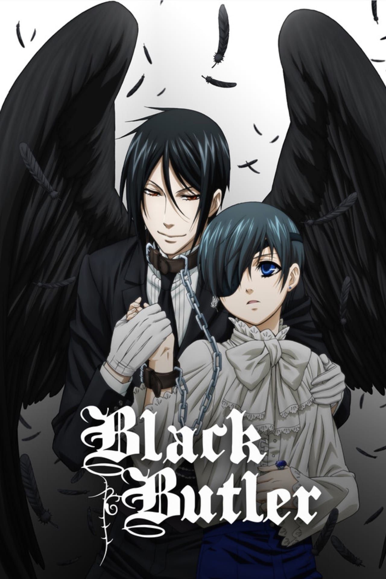 Sebastian Michaelis, who has his black wings out, is holding the hand of Ciel Phantomhive, who also has a chain leading from a band around his wrist to a band around Sebastian's neck.