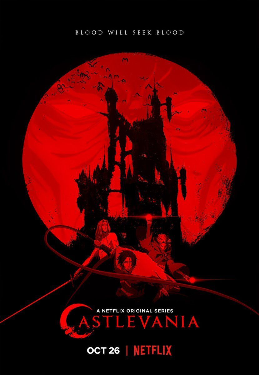 Trevor Belmont is using his hip, Alucard has his sword out, and Sypha Belinades has spells prepared as they sit beneath Dracula's castle and the shadowed figure of Dracula's face against a red moon on the Castlevania tv show poster.