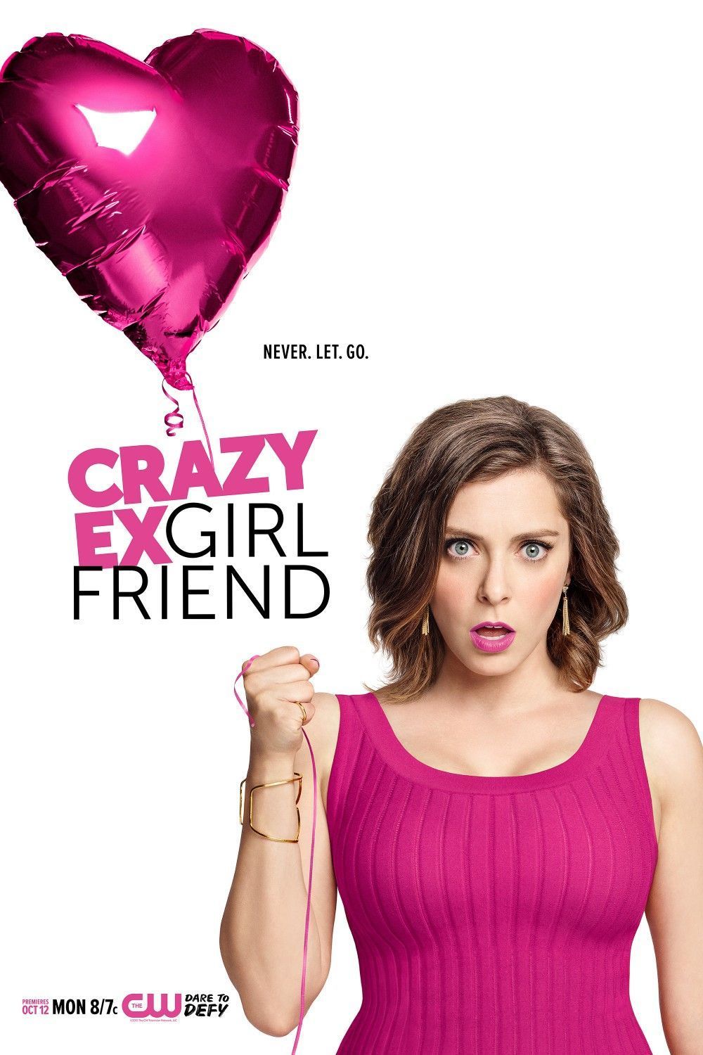 Rebecca Bunch (Rachel Bloom) is holding a heart balloon and has her mouth open in fake surprise on the poster for Crazy Ex-Girlfriend.