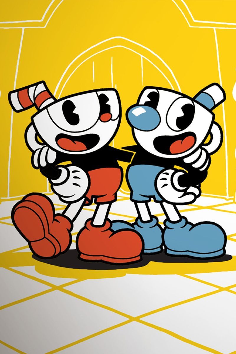 Cuphead y Mugman tienen sus brazos sobre los hombros del otro en la bolsa de Cuphead.