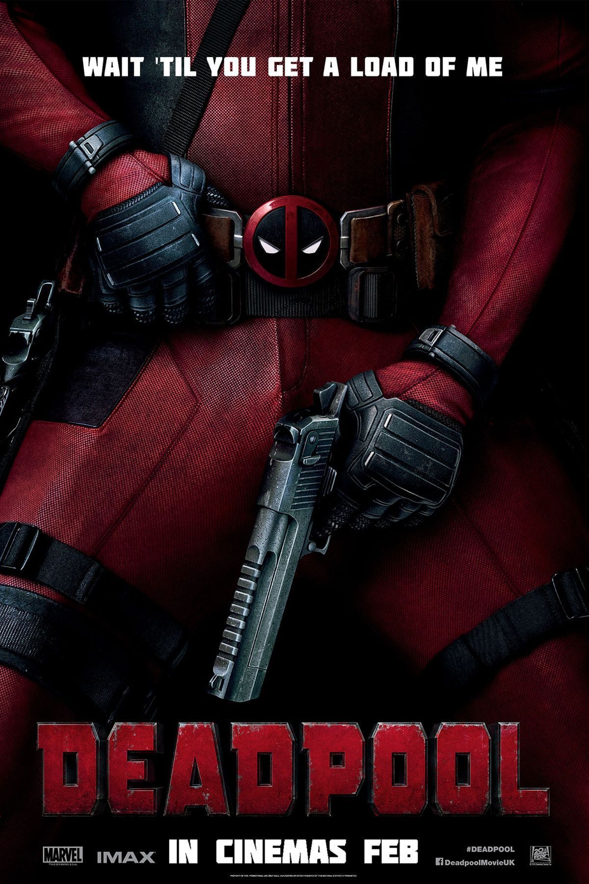 Deadpool is holding a gun below his belt in the poster for Deadpool.