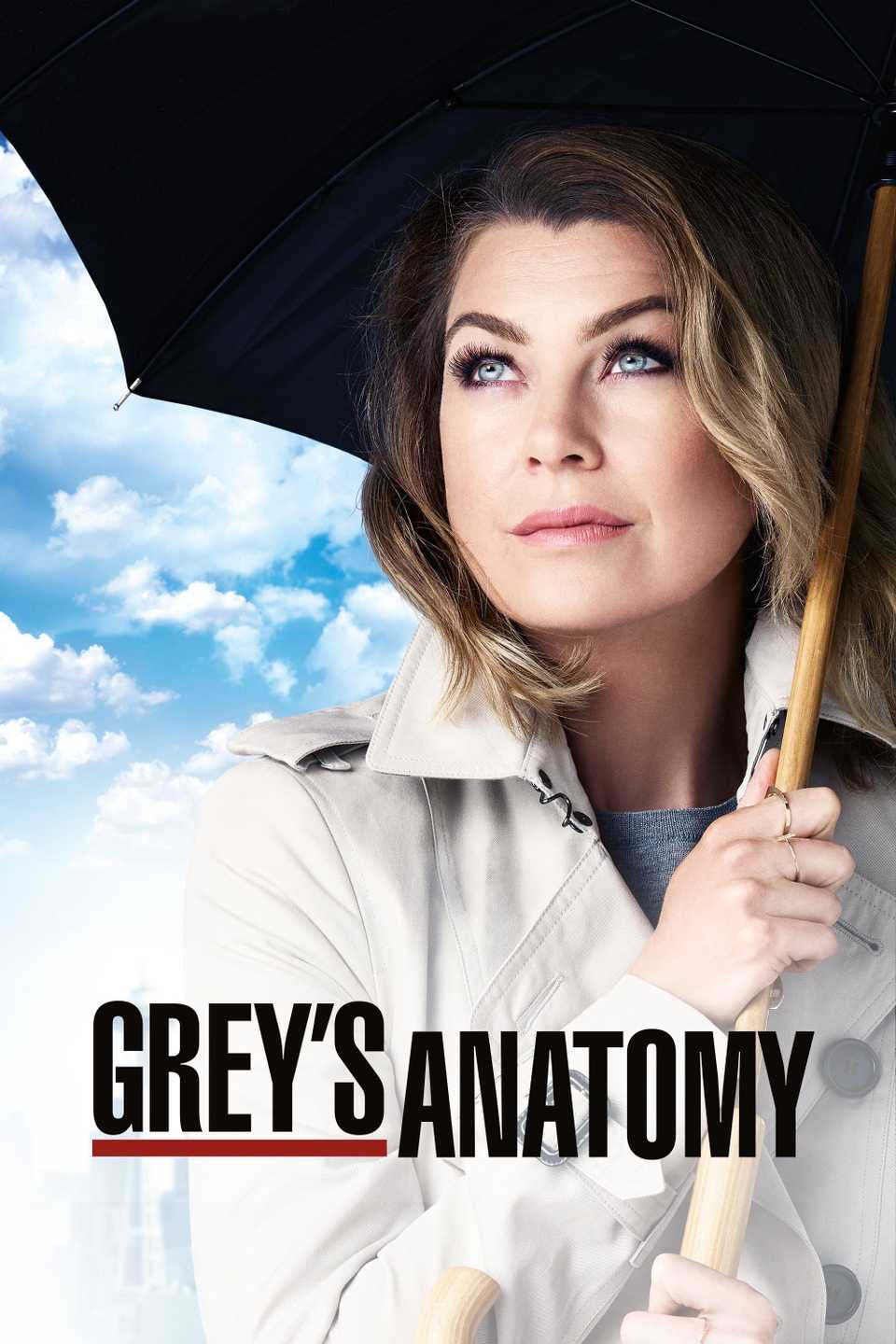 Meredith Gray (Ellen Pompeo) holds an umbrella and looks at the distance on the poster of Gray's anatomy.
