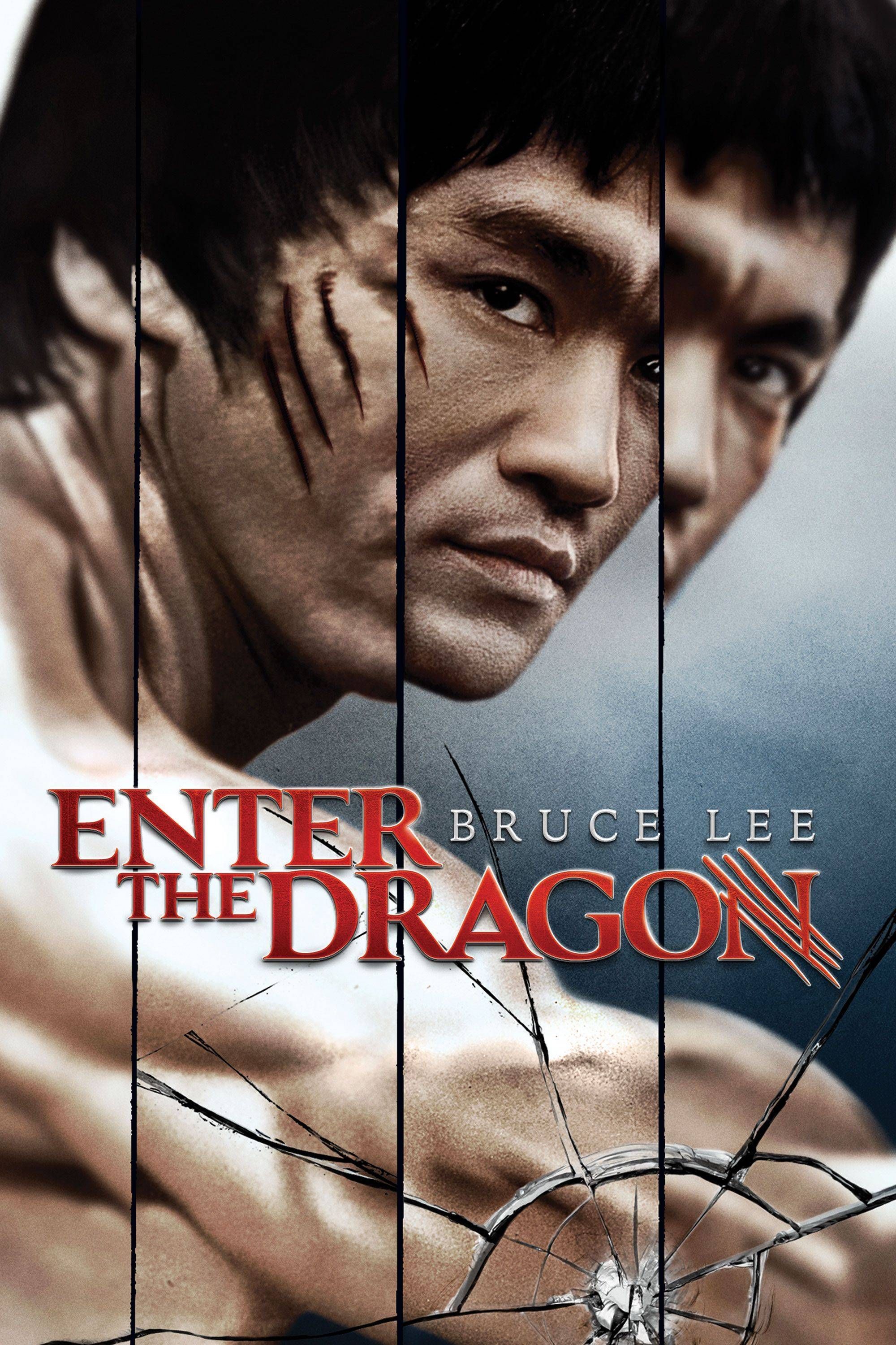 Bruce Lee is depicted with bloody scratches on his face in a mirrored reflection on the cover of Enter the Dragon.