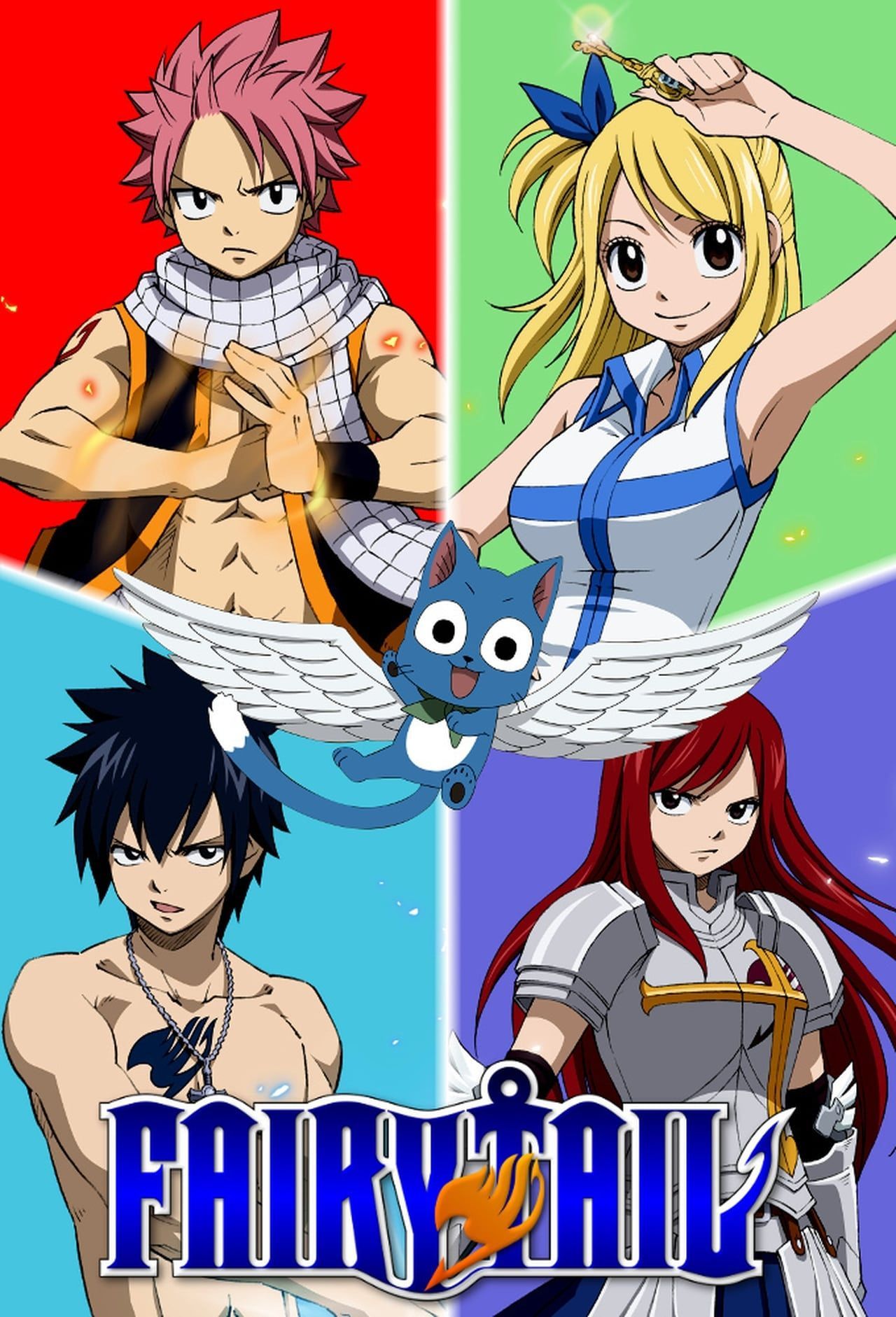 Natsu Dragneel, Lucy Heartfilia, Gray Fullbuster, Ezra Scarlet y Happy se presentan en el póster de Fairy Tail.