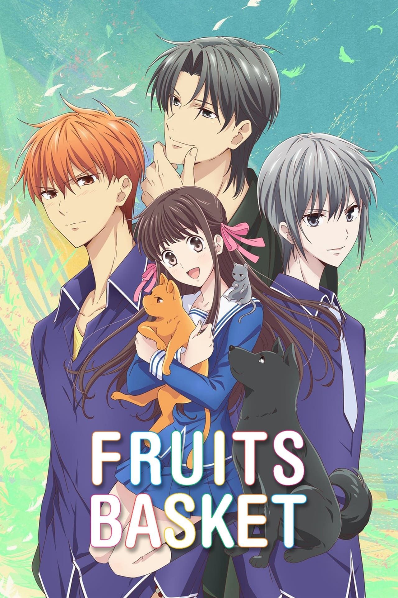 The poster for basket fruits represents Tohru Honda, Kyo Sohma, Yuki Sohma and Shigure Sohma Standing together.