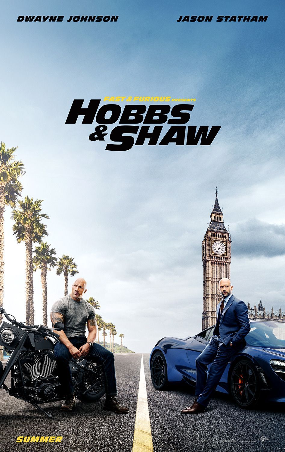 Luke Hobbs (Dwayne Johnson) is leaning on a motorcycle in front of palm trees and Deckard Shaw (Jason Statham) is leaning on a sports car in front of Big Ben on the poster for Hobbs and Shaw.