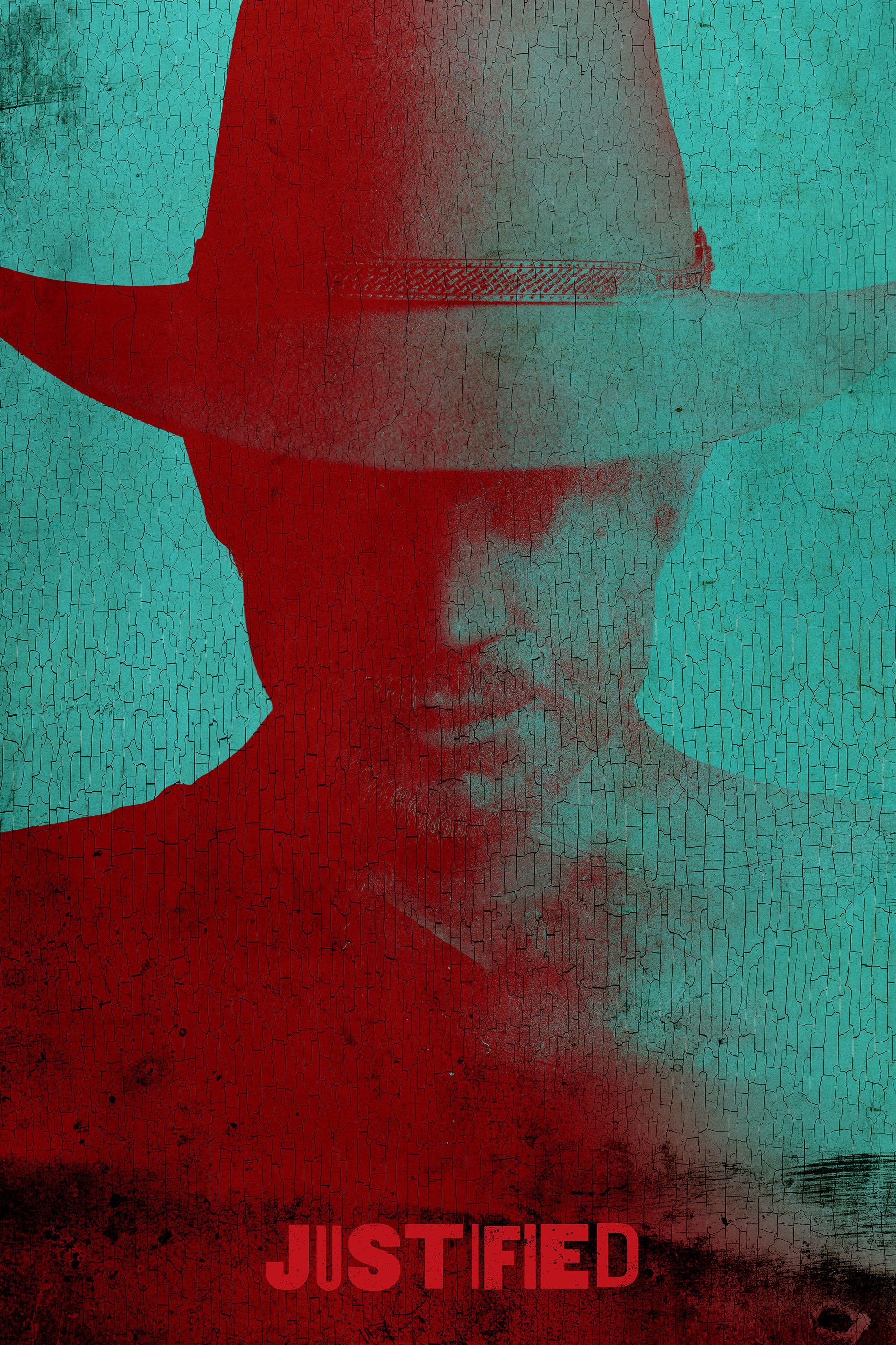 The shadowed figure of Raylan Givens (Timothy Olyphant) is depicted in shades of blue and red on the poster of Justified (2010).