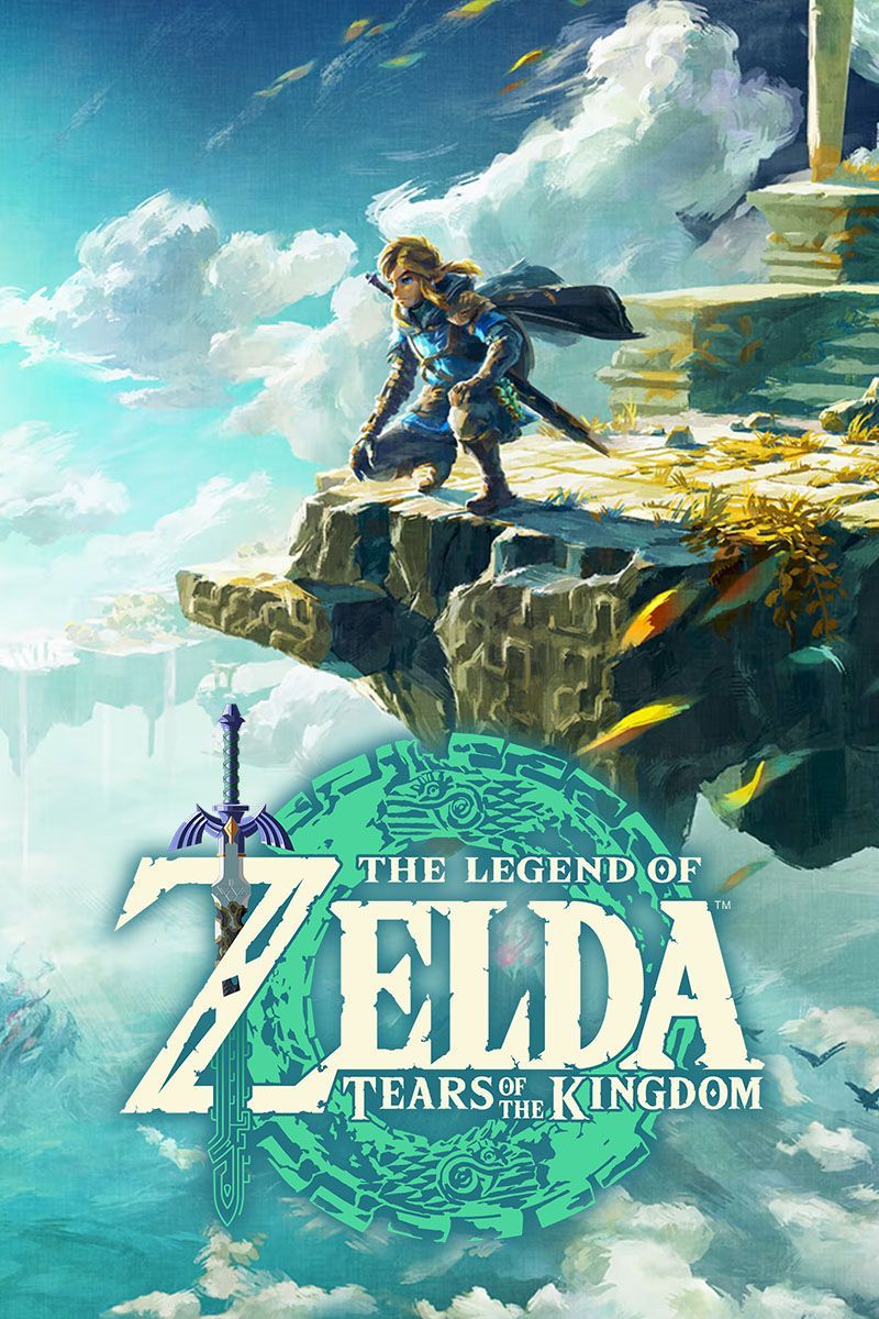 The cover art for The Legend of Zelda: Tears of the Kingdom depicts Link crouching on the edge of a sky island.