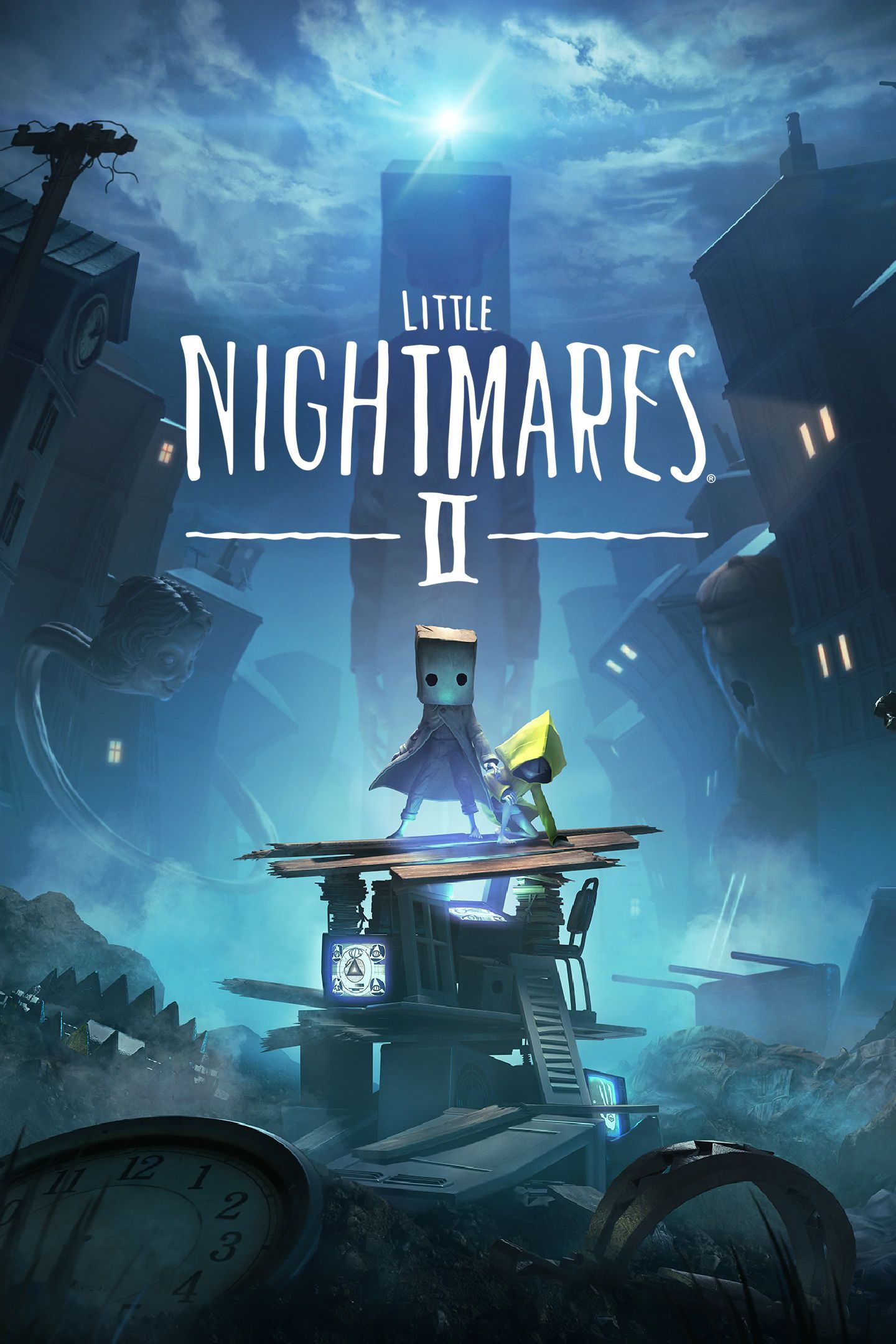 The cover art for Little Nightmares II depicts Mono standing on top of detritus.