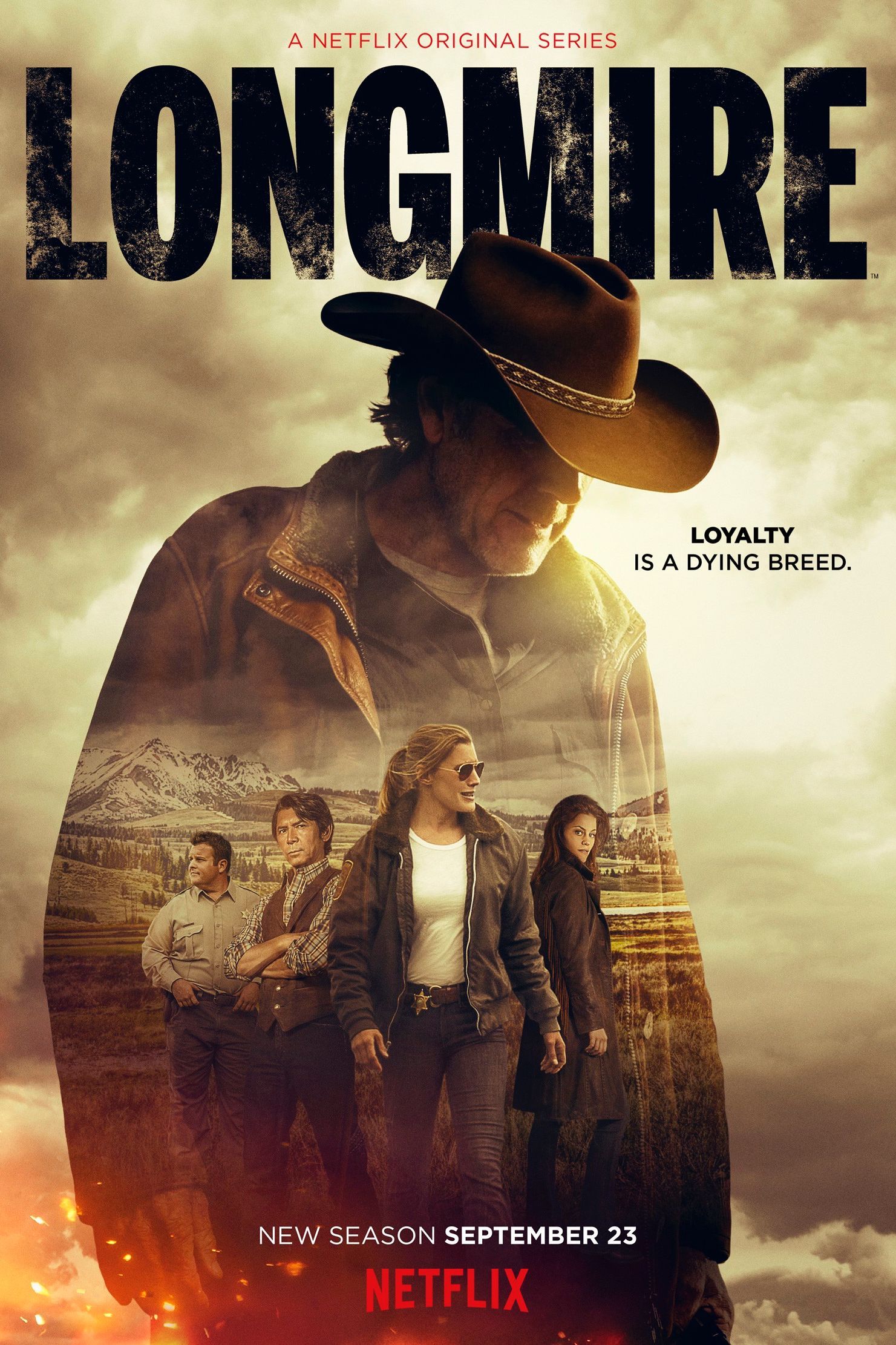 Victoria Moretti (Katee Sackhoff) y otros personajes de Longmire se ven en la silueta de Walt Longmire (Robert Taylor) en el poster de Longmire.