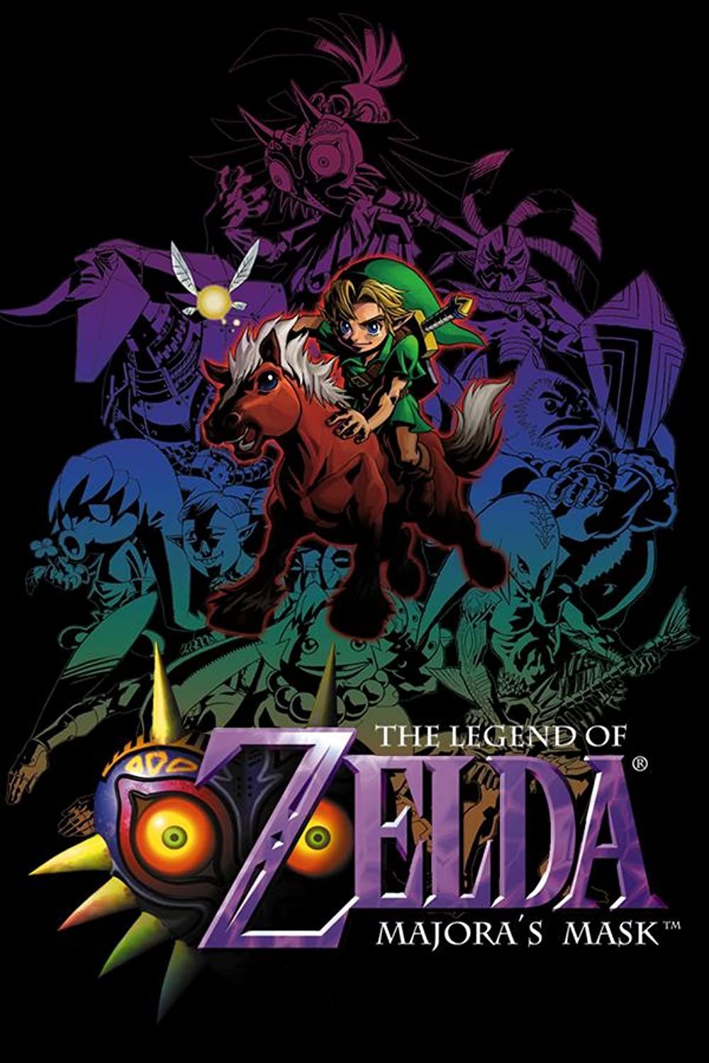 El arte de la caja de The Legend of Zelda: Majora's Mask presenta a link montando un caballo mientras otros personajes del juego están detrás de él en siluetas estilizadas de púrpura, azul, verde, amarillo y naranja.