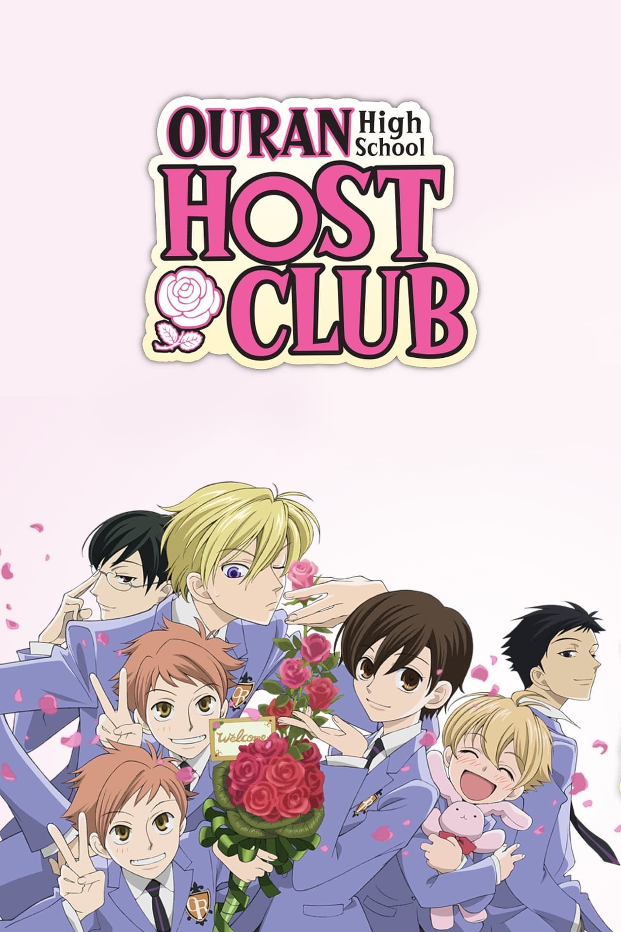 The poster for Ouran High School Host Club depicts Haruhi Fujioka holding flowers while surrounded by other characters in the show.