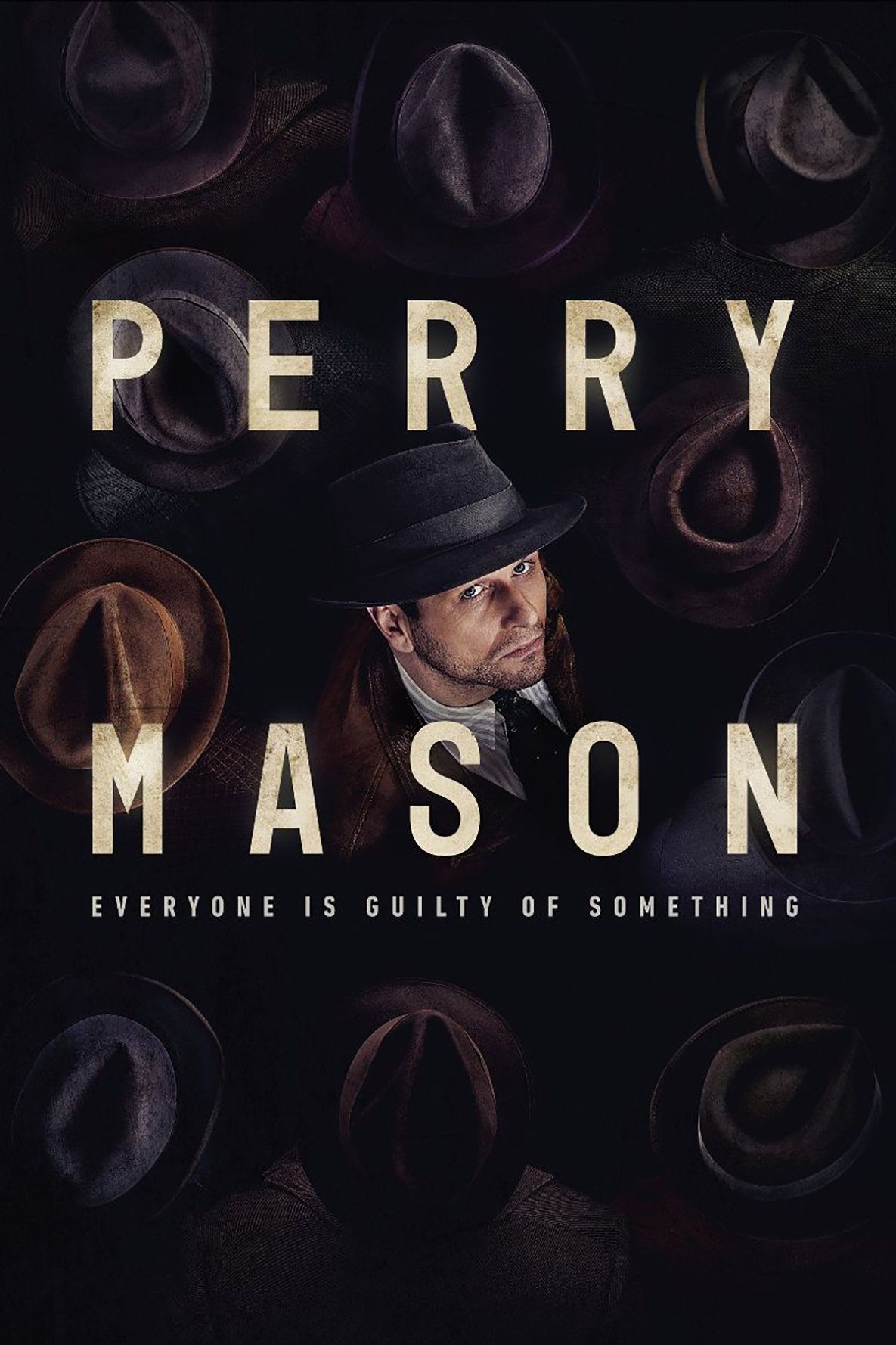 Perry Mason (Matthew Rhys) is standing among hats and looking up on the poster for Perry Mason (2020).