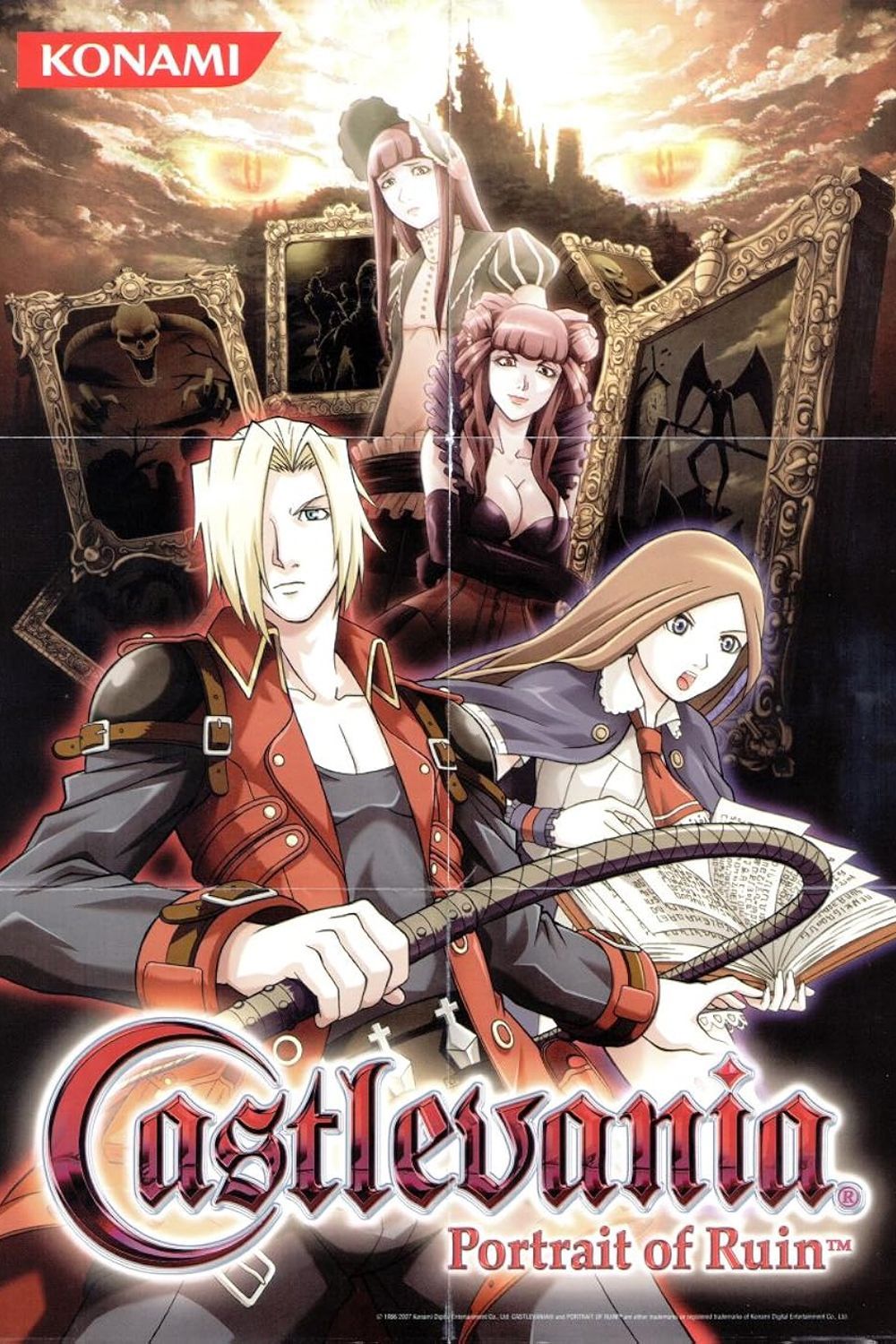 The Castlevania: Portrait of Ruin box set features Johnathan Morris holding the Vampire Killer whip and Charlotte Aulin holding a whip, as well as Loretta Lecarde and Stella Lecarde in front of Dracula's castle.