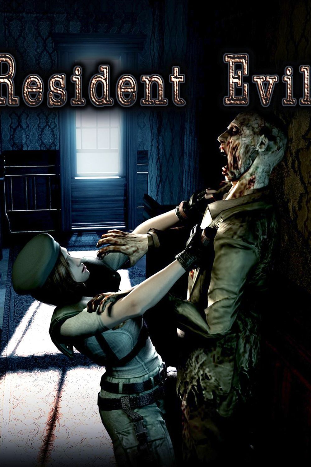 El póster del juego Resident Evil muestra a Jill Valentine luchando contra un zombi.