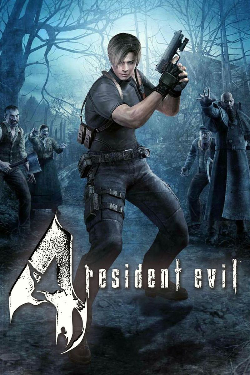 La portada de Resident Evil 4 muestra a Leon Kennedy con una pistola y varios enemigos detrás de él.