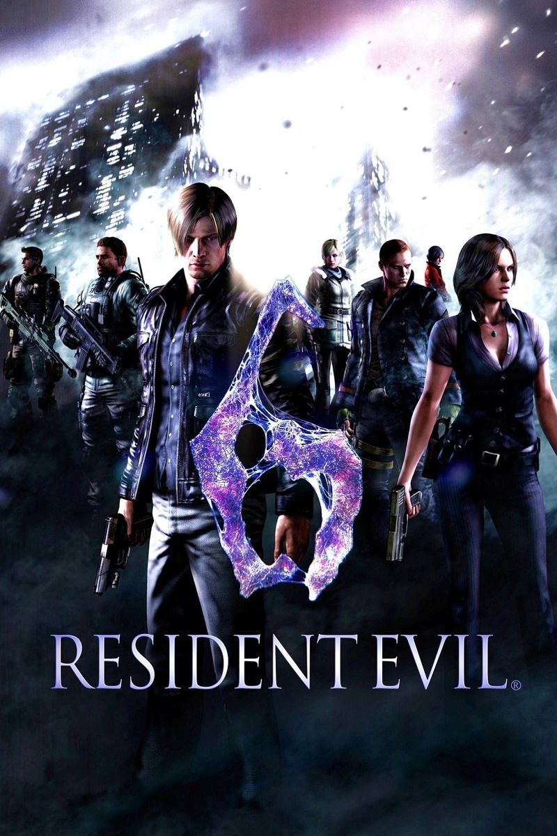 El póster de Resident Evil 6 muestra personajes del juego, como Leon Kennedy y Helena Harper, empuñando armas.