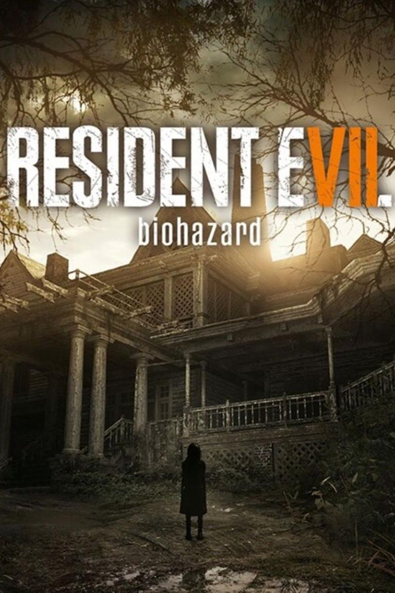 The Resident Evil 7: Biohazard box set depicts the silhouette of Eveline standing in front of the Baker house at sunset.