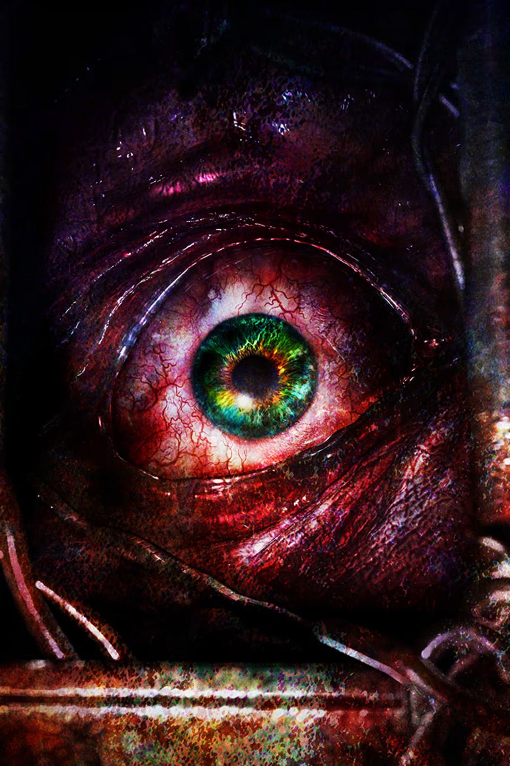 El póster del juego Resident Evil: Revelations 2 muestra un primer plano de un ojo saltón al que se abre a la fuerza. Los pequeños trozos del rostro que se pueden ver están cubiertos de sangre.