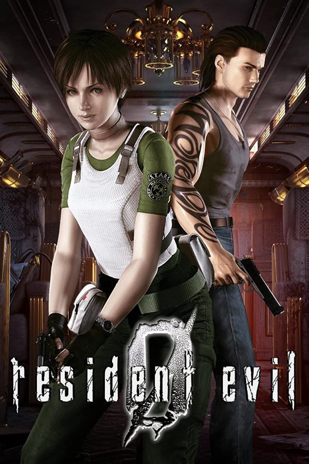 El póster del juego Resident Evil Zero muestra a Rebecca Chambers y Billy Coen sosteniendo armas en posición baja.