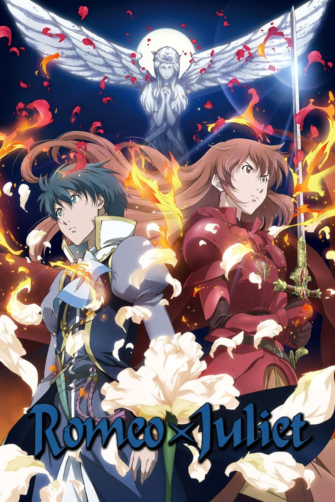 Romoe and Juliet are standing back-to-back and holding weapons as flames wrap around them on the poster of Romeo x Juliet.