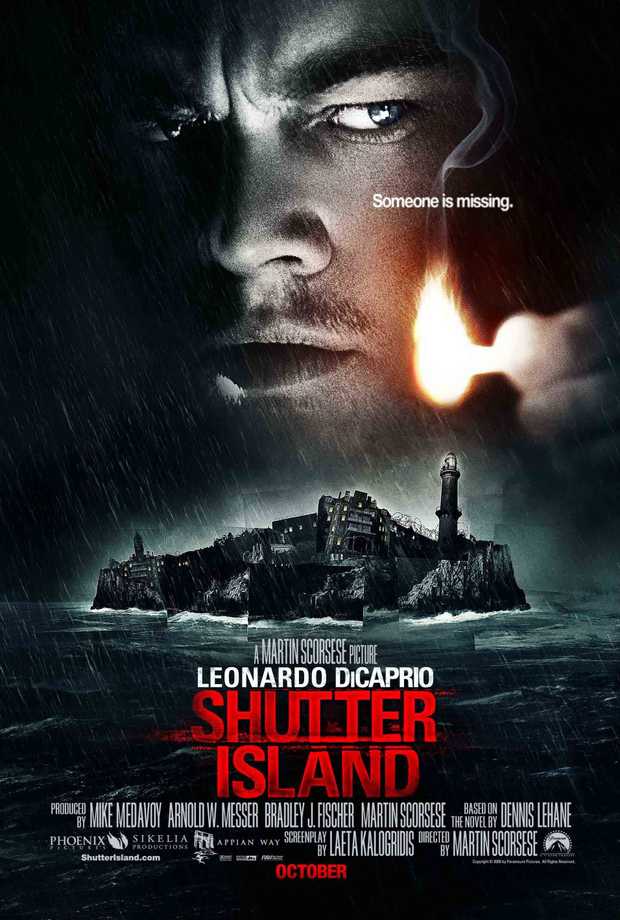 An image of Teddy (Leonardo DiCaprio) looms over Shutter Island on the movie's poster.
