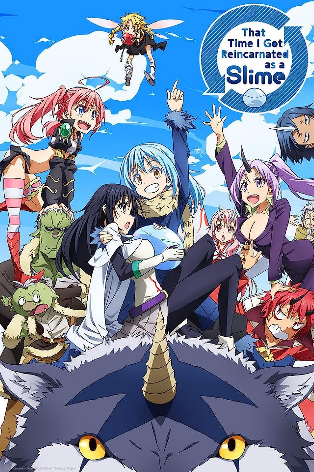 Rimuro Tempest is smiling and pointing upward in their human form while holding a surprised Shizue Izawa close on the poster for That Time I Got Reincarnated as a Slime. They are both in front of many other characters from the show.