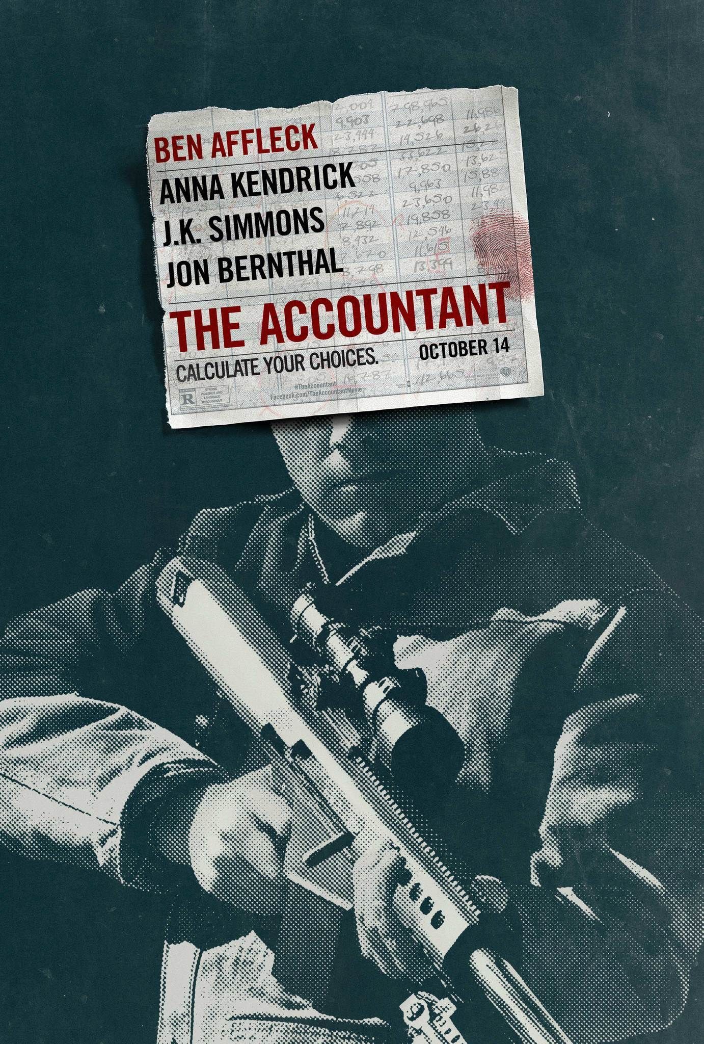Film poster for The Accountant. A paper with the names Ben Affleck, Anna Kendrick, J.K. Simmons, and Jon Bernthal cover Christian Wolff's face.