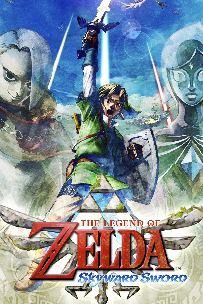 The cover art for The Legend of Zelda: Skyward Sword depicts Link raising his sword with a shout while on either side of him are other characters from the game.