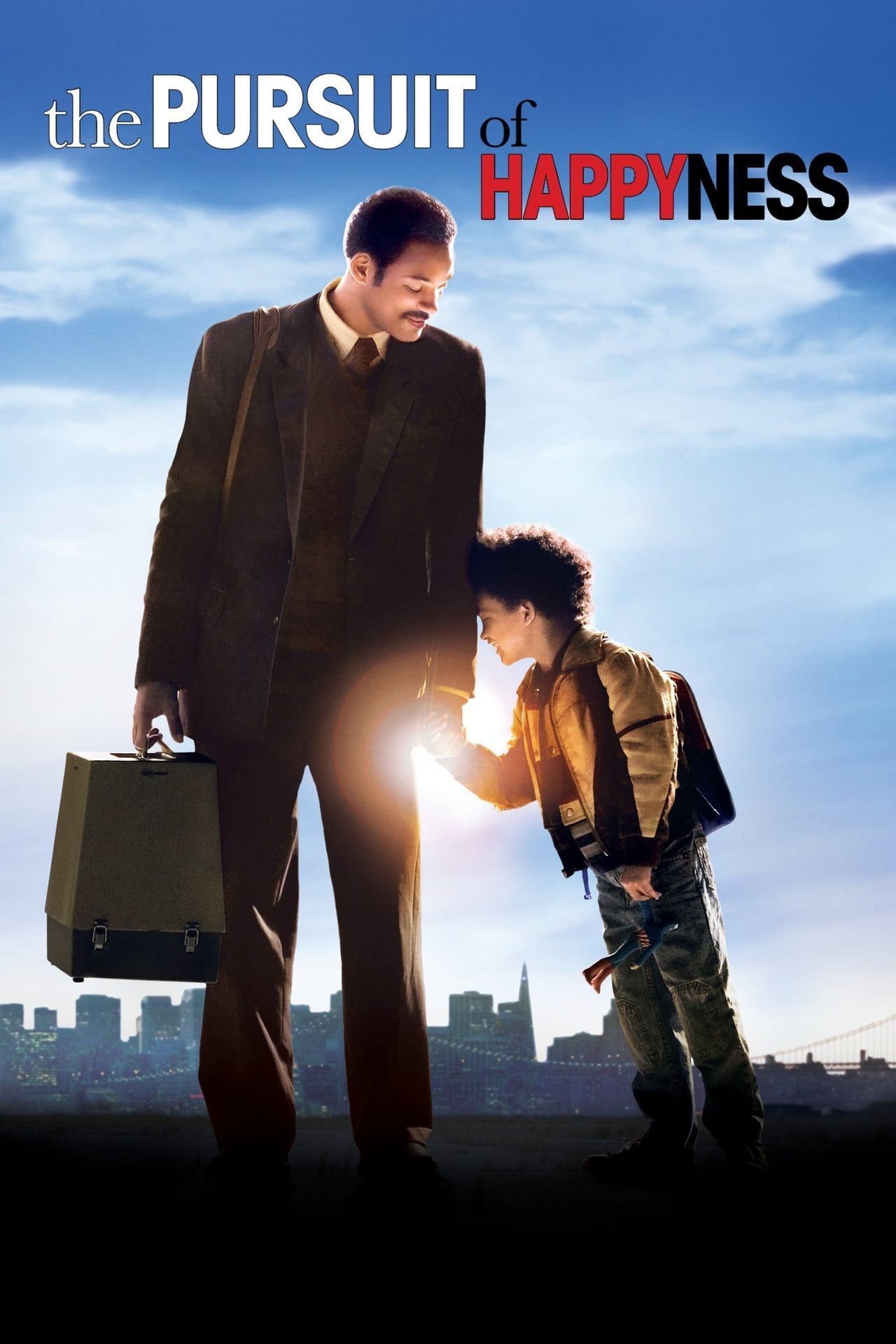 The Pursuit of Happyness movie poster shows Will Smith and Jaden Smith holding hands with a skyline in the background