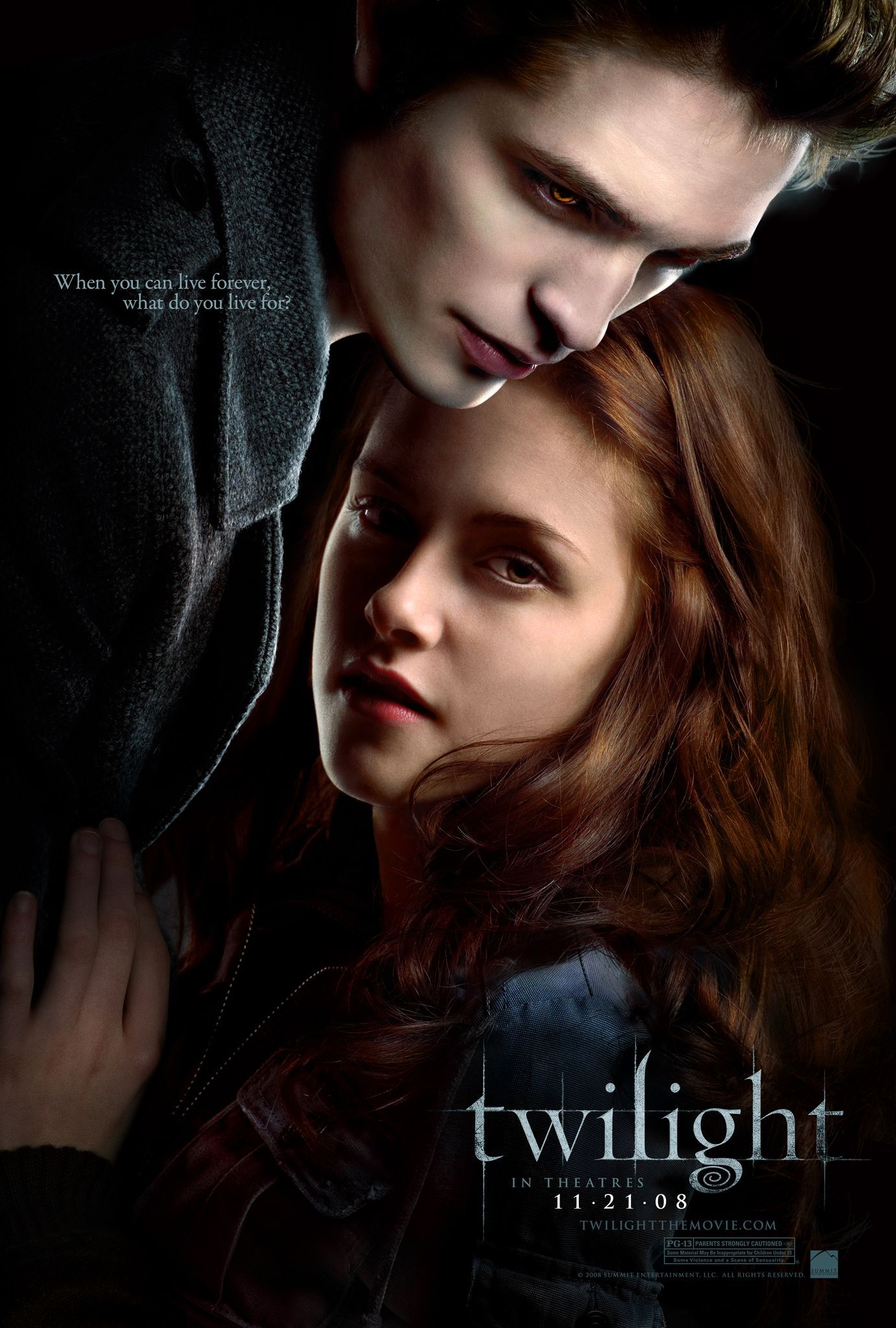 Bella Swan (Kristen Stewart) has her hand on Edward Cullen's chest (Robert Pattinson) as he looks at her on the poster for Twilight.