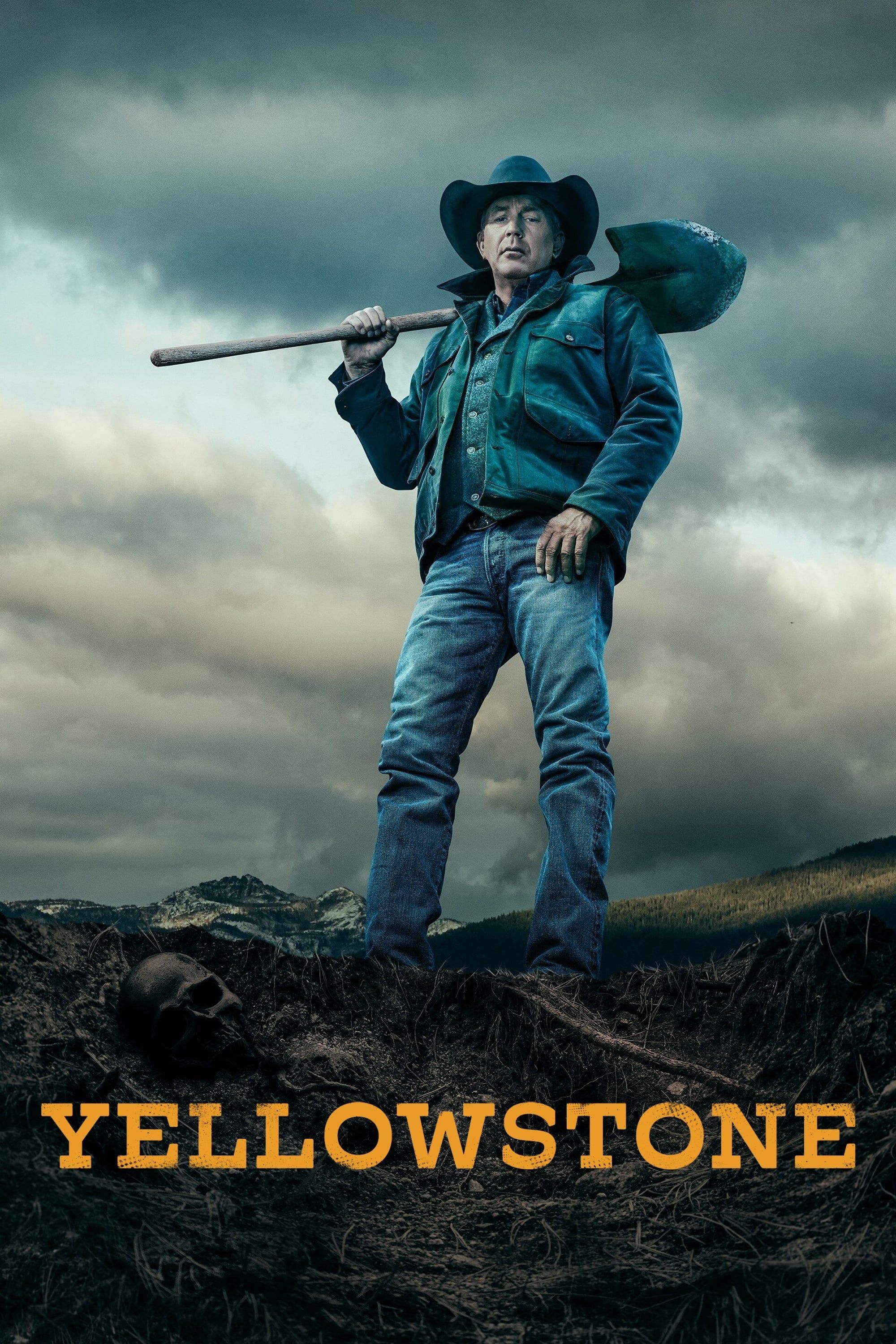 John Dutton (Kevin Costner) is held on a hill with a shovel held on his shoulders above the title of Yellowstone on the show poster.