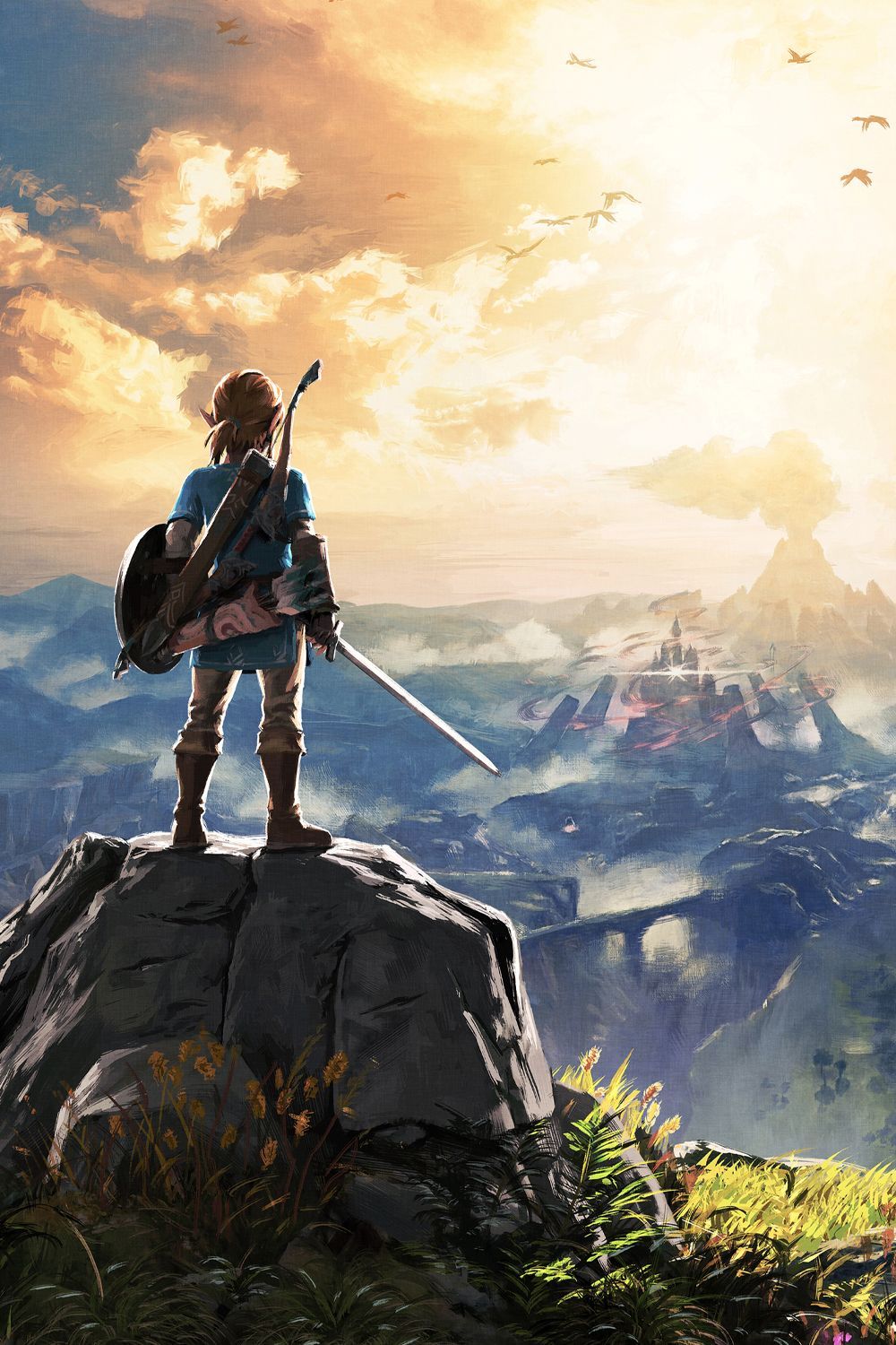 The cover art for The Legend of Zelda: Breath of the Wild depicts Link standing on a hill and looking down at Hyrule Castle, which has been infected by Ganondorf.