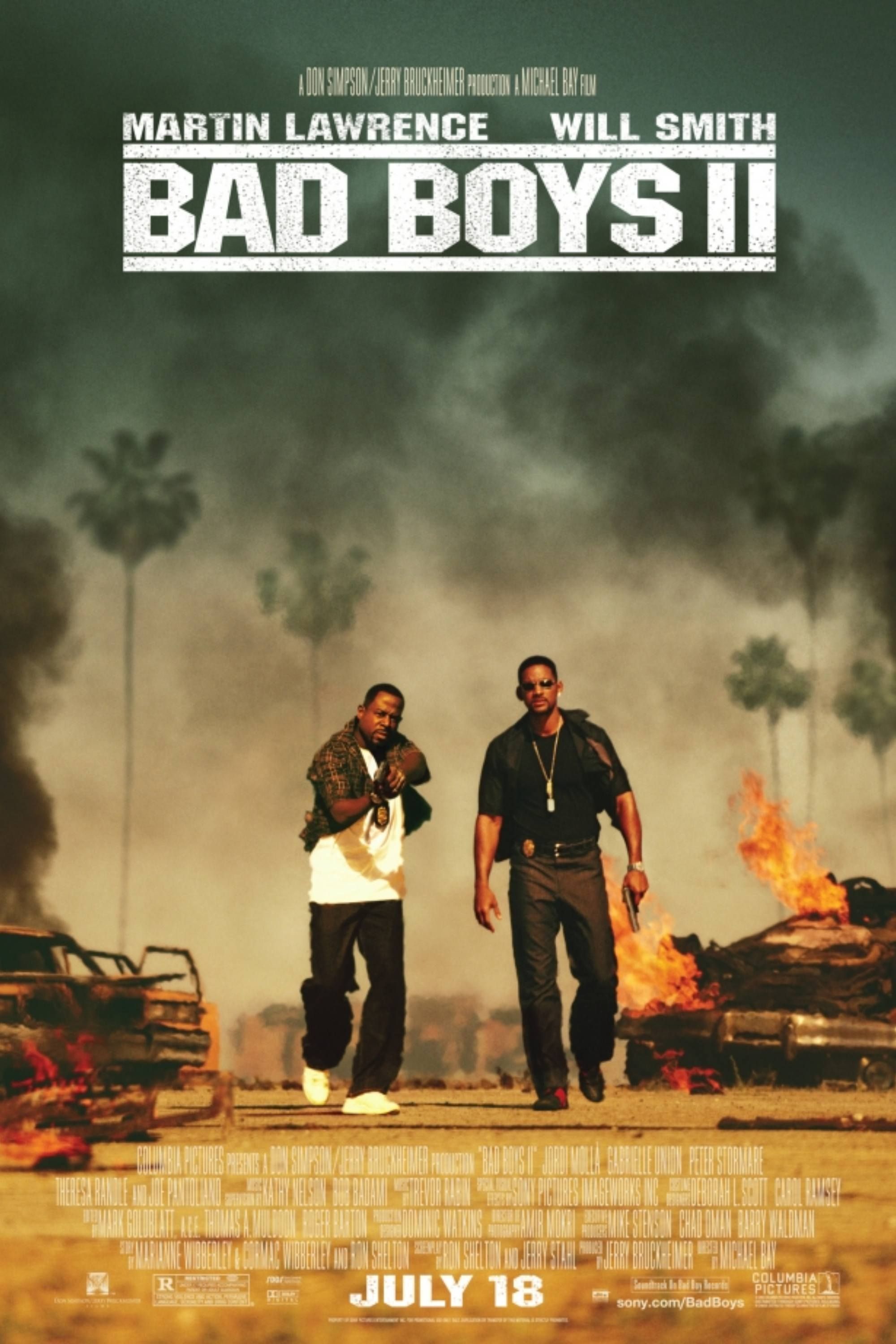 Detectives Marcus Burnett (Martin Lawrence) and Mike Lowrey (Will Smith) are walking past flaming cars on the poster for Bad Boys II.