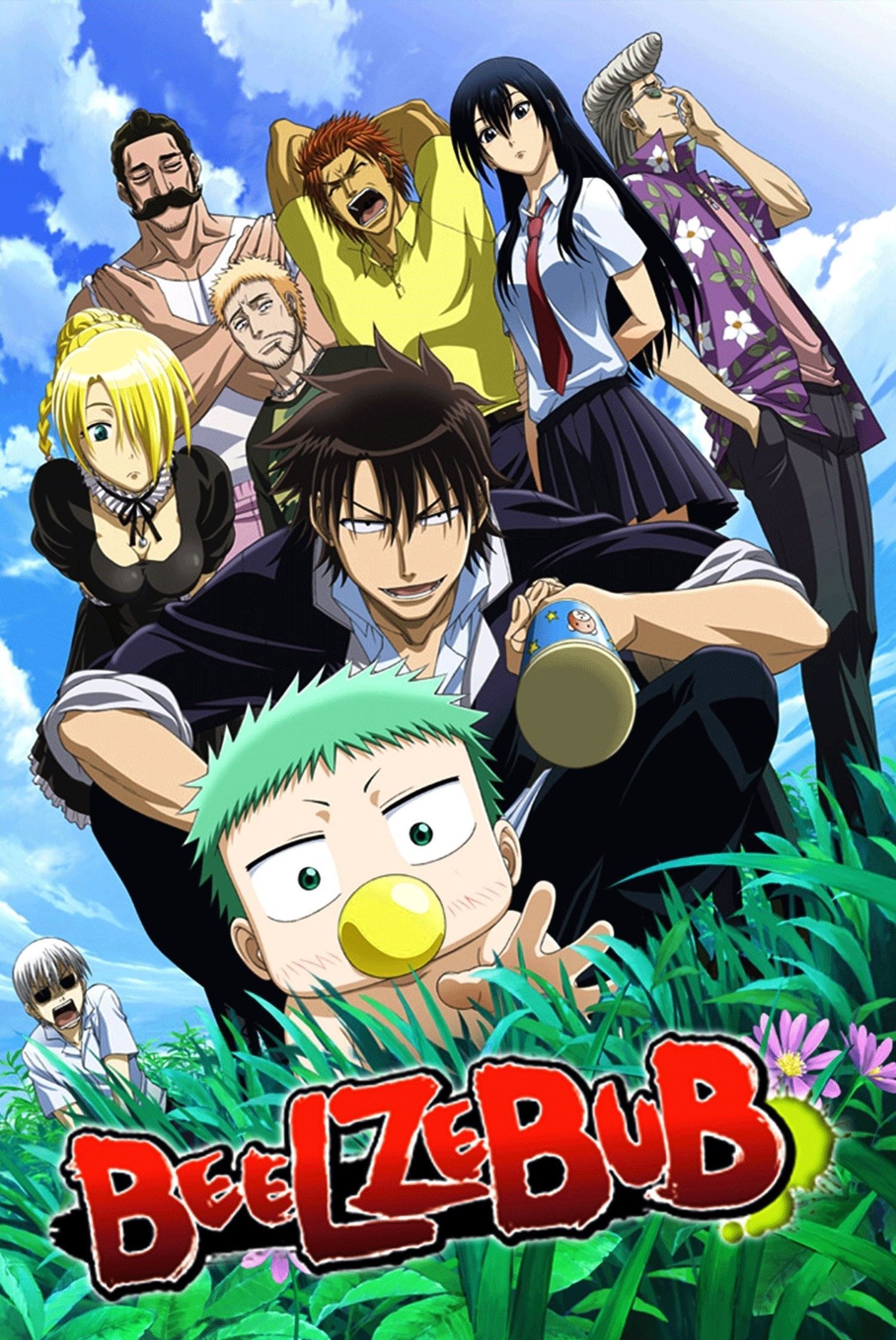 Main characters pose on a promotional poster for Beelzebub.