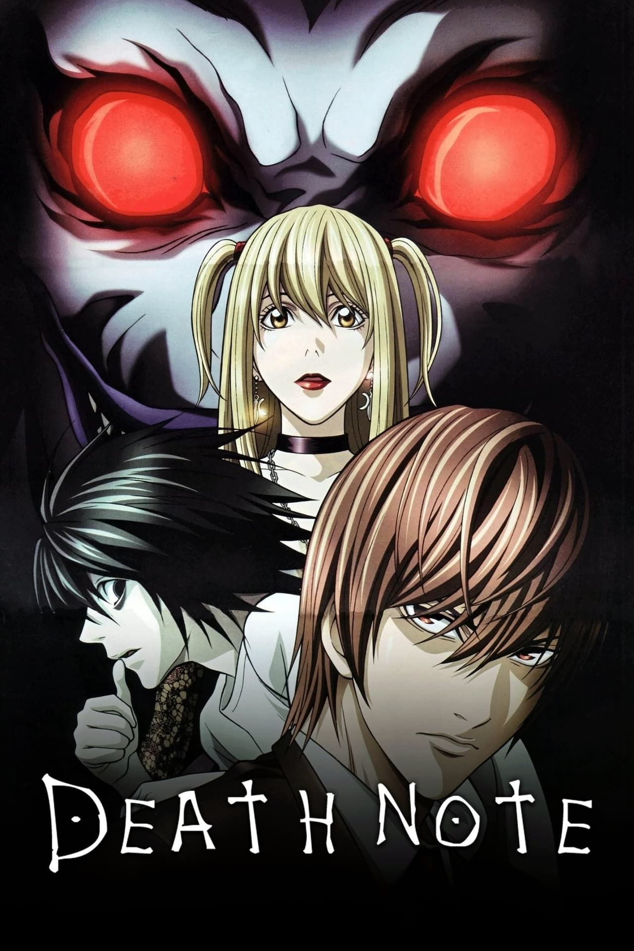 The poster of the death note represents Light Yagami, L, Misa Amane and Ryuk in front of a black background.