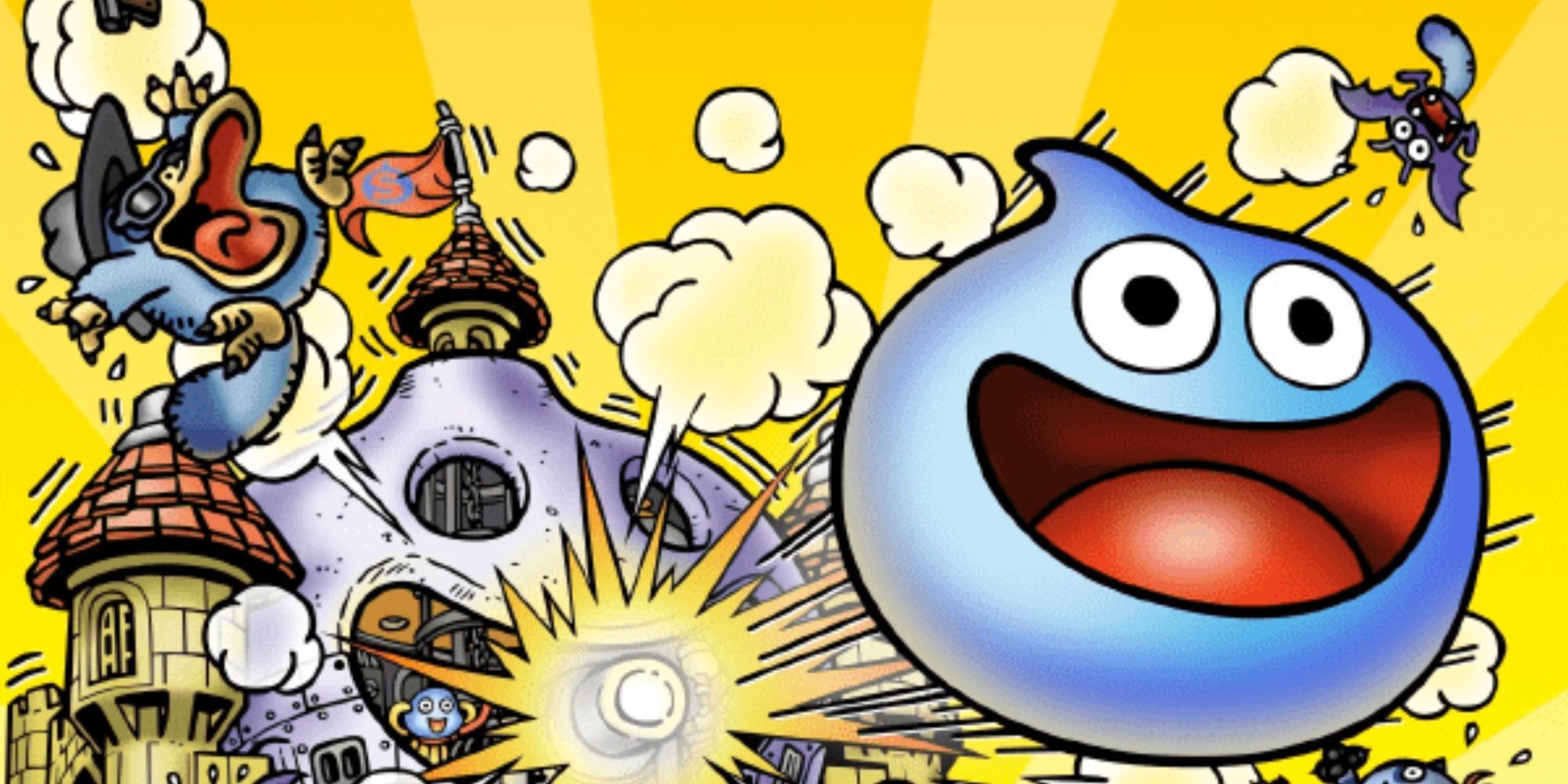 Arte principal de Dragon Quest Heroes: Rocket Slime apresentando um Slime sendo disparado de um canhão.