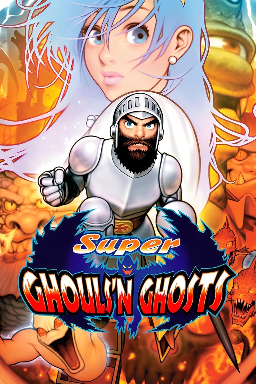 The Super Ghouls N' Ghosts poster depicts Sir Arthur looking fierce while an image of Prin Prin is shown behind him. Both images are in front of a collage of monsters from the game.