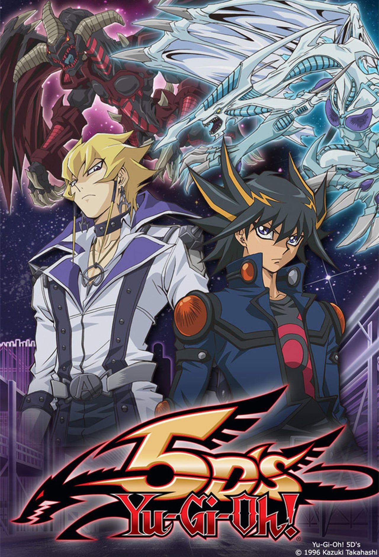 Yusei Fudo and Jack Atlas stand side by side and look serious under the images of their respective monsters on the poster for Yu-Gi-Oh! 5D.