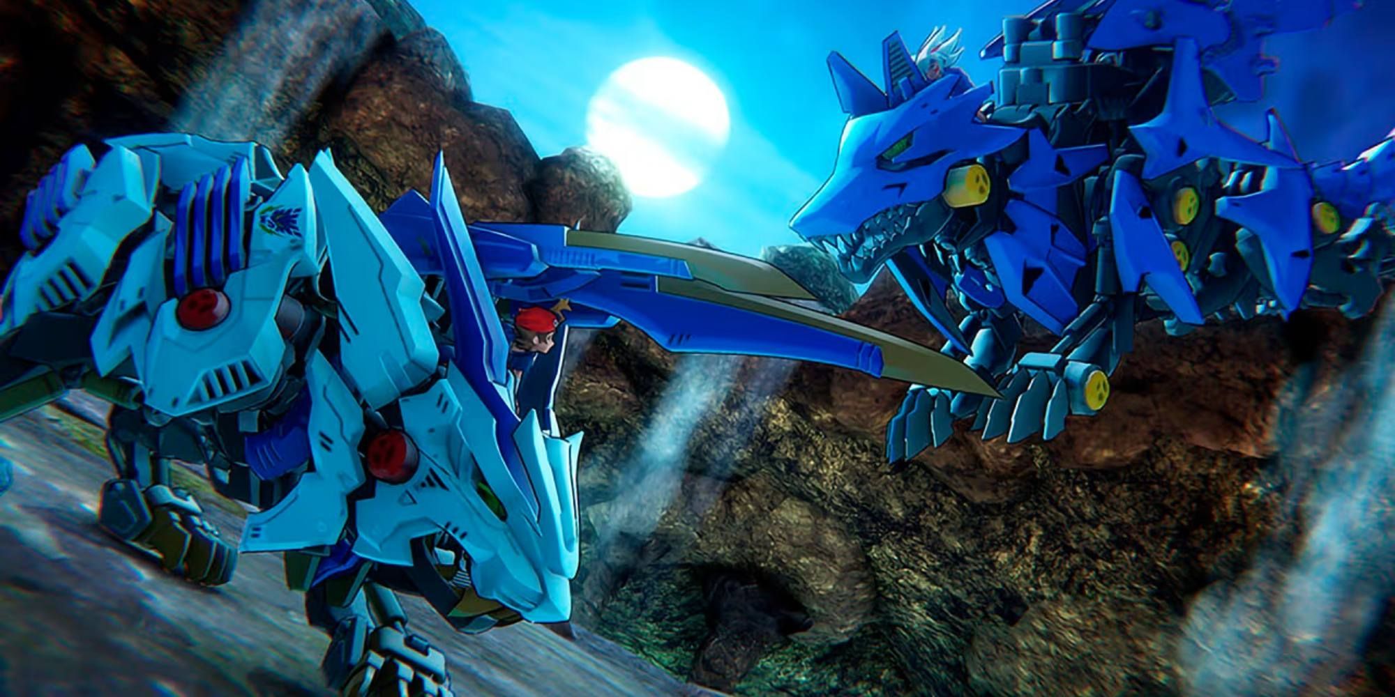 Um Ligre e um Lobo Zoid de Zoids Wild: Blast Unleashed.