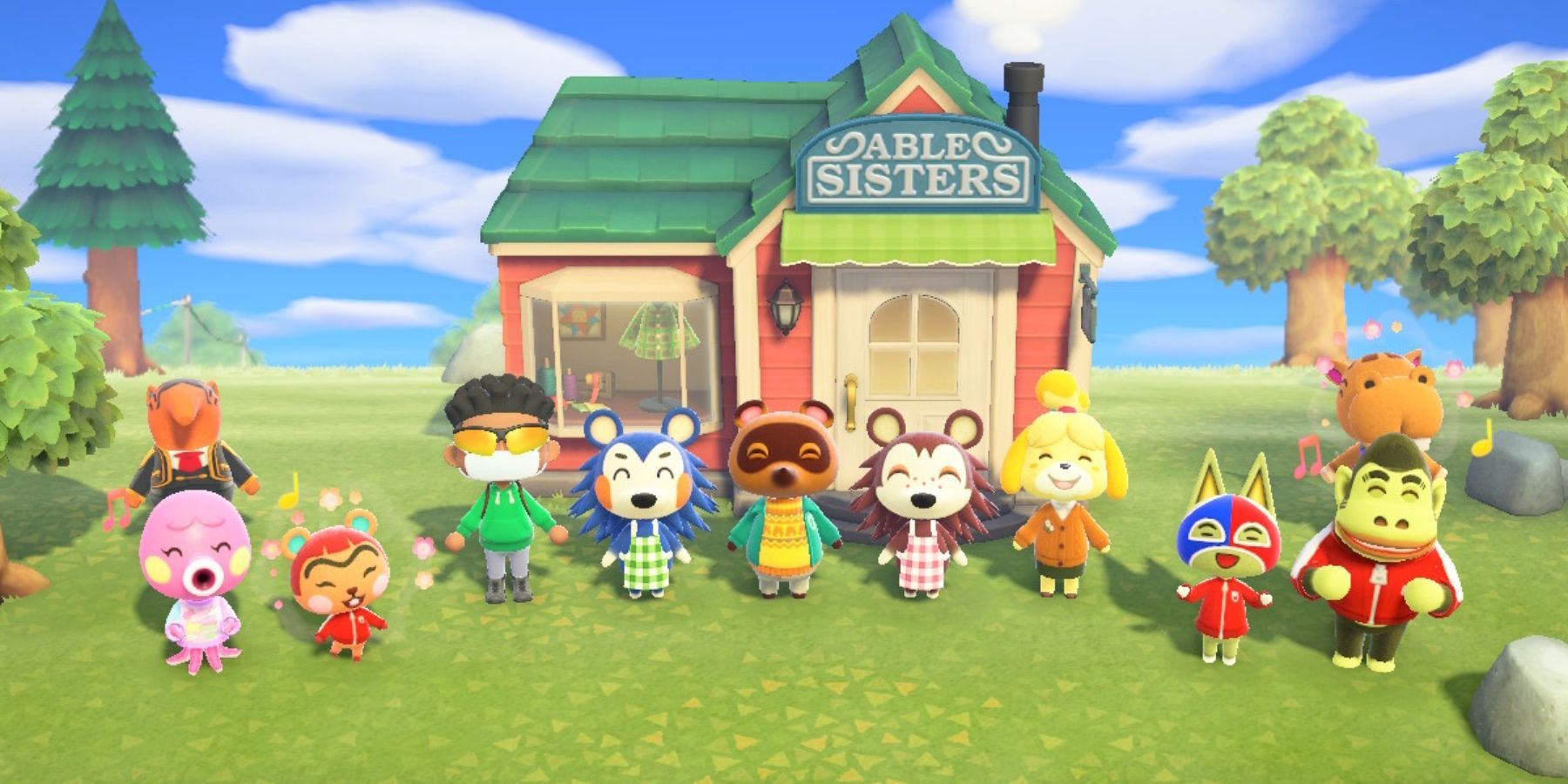 Marina, Hazel, Oyuncu, Mabel, Tom Nook, Sable, Isabelle, Sticky ve AL, Animal Crossing: New Horizons'taki The Able Sisters Store için açılış törenine katılıyor.